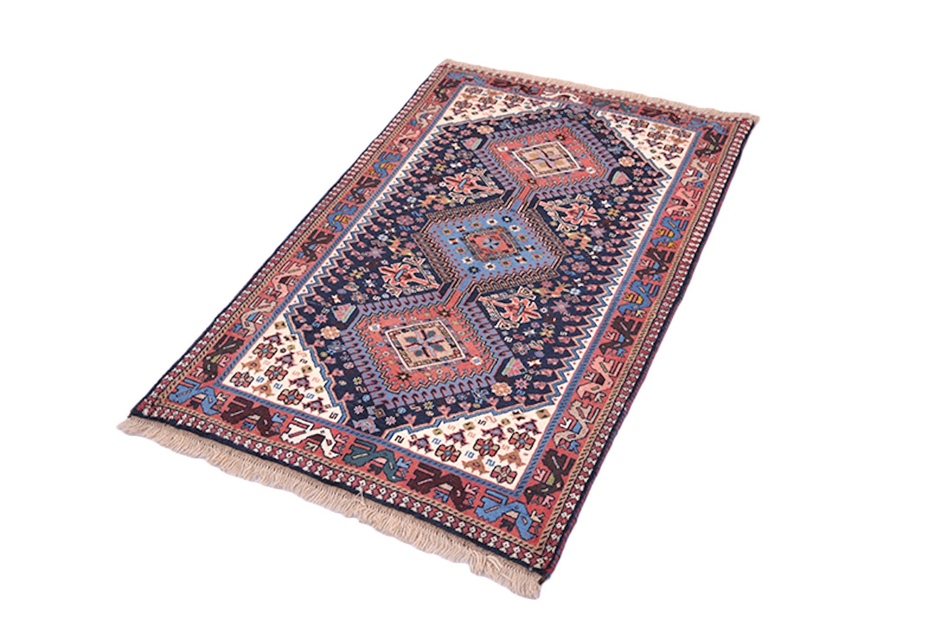 Navy Blue Handmade Area Rug with Geometric Tribal Medallion Design | Pink and Colorful Details | Wool