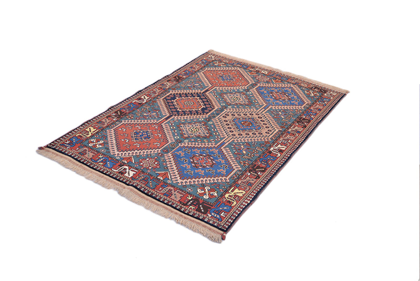 Rustic Tribal 3x5 Vintage Hand Knotted Pink and Blue Rug | Diamond Pattern with Oriental Details | Navy Border made of Wool