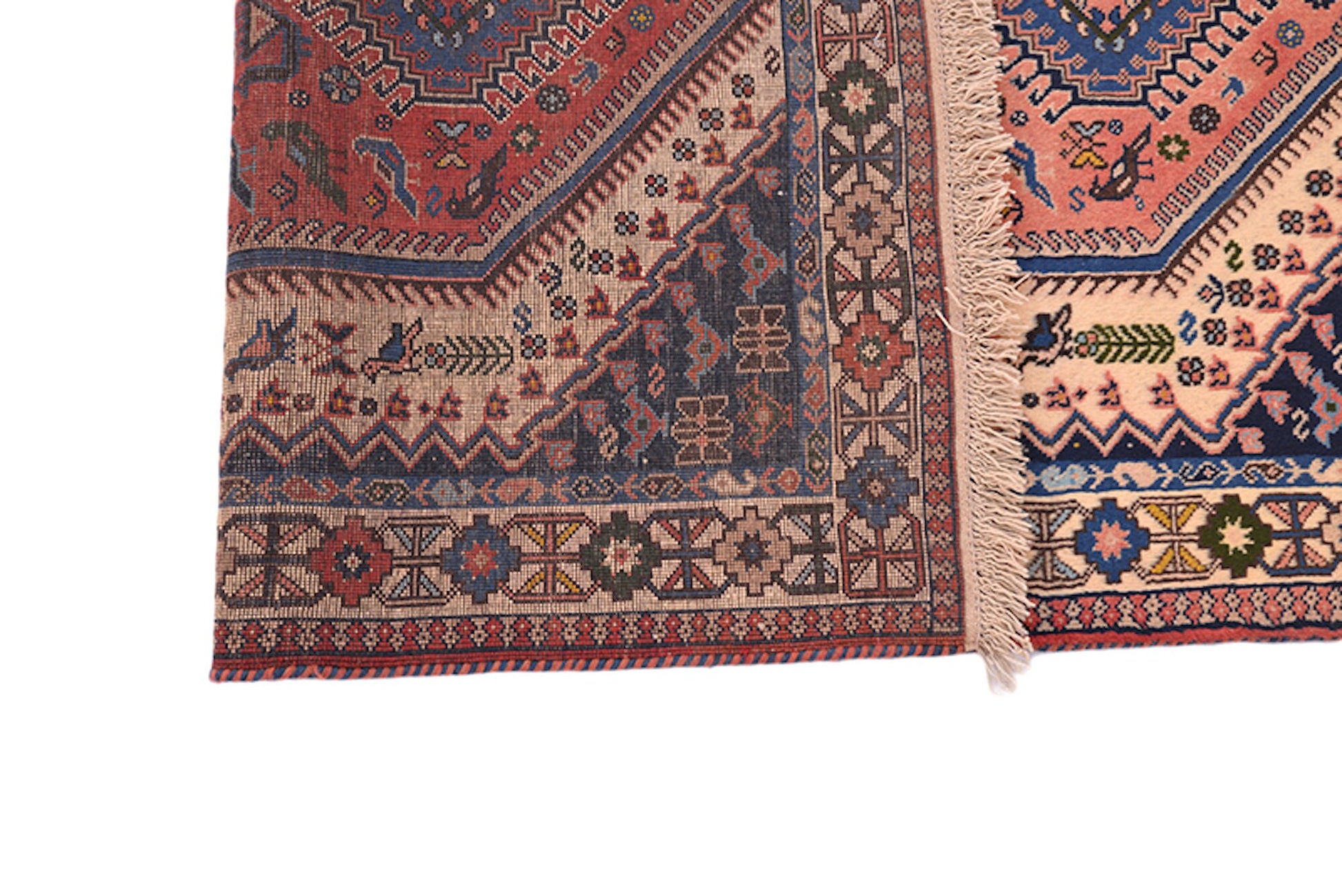 3 x 5 Pink Blue Beige Vintage Rug | Three Central Tribal Diamond Medallions | Rustic Bohemian Persian Style Wool Area Rug