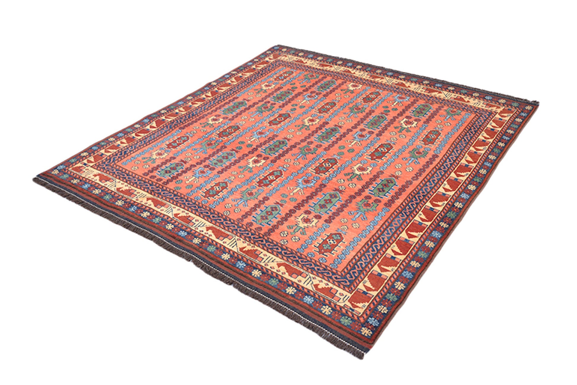 6 x 6 Coral Orange Red Handmade Rug | Square Turkish Caucasian Tribal | Living Room Accent Geometric Pattern Wool Rug