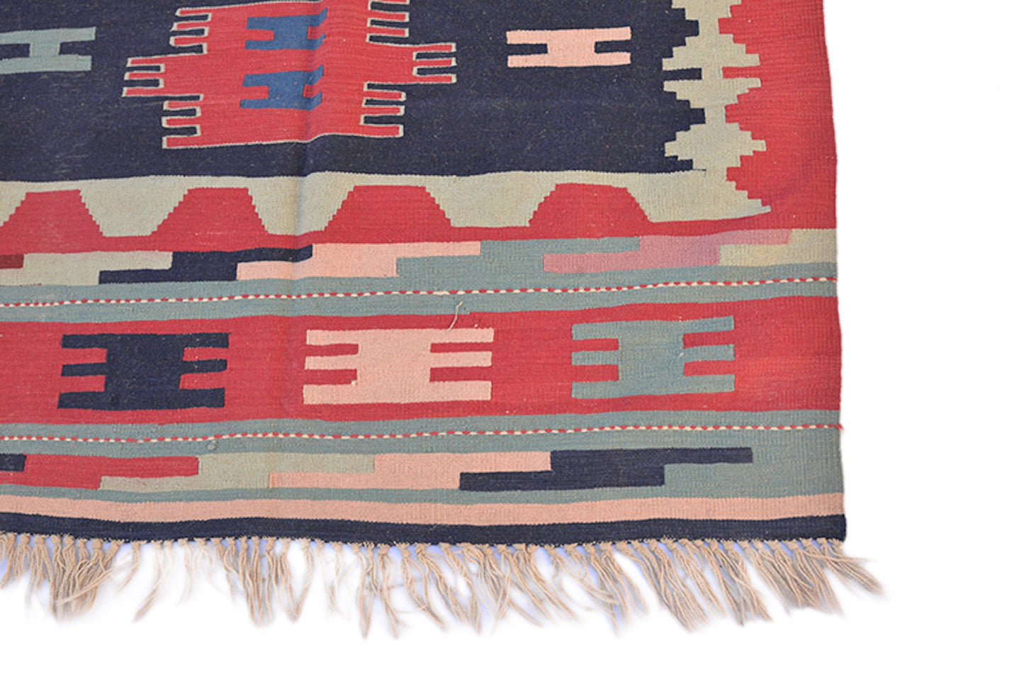 4 x 6 Turkish Kilim | Navy & Fuschia Red | Hand Woven Area Rug | Accent Tribal Geometric Wool Flatweave Rug