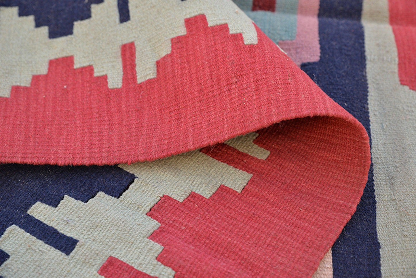 4 x 6 Turkish Kilim | Navy & Fuschia Red | Hand Woven Area Rug | Accent Tribal Geometric Wool Flatweave Rug
