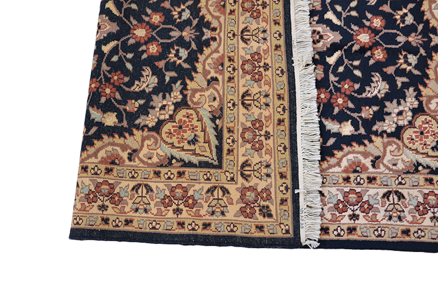 Navy Blue Beige Antique Rug | One of a Kind 3 x 5 Pakistan Kashmiri Silk Wool Rug | Entryway Hand Knotted Rug | Oriental Floral Pattern Rug
