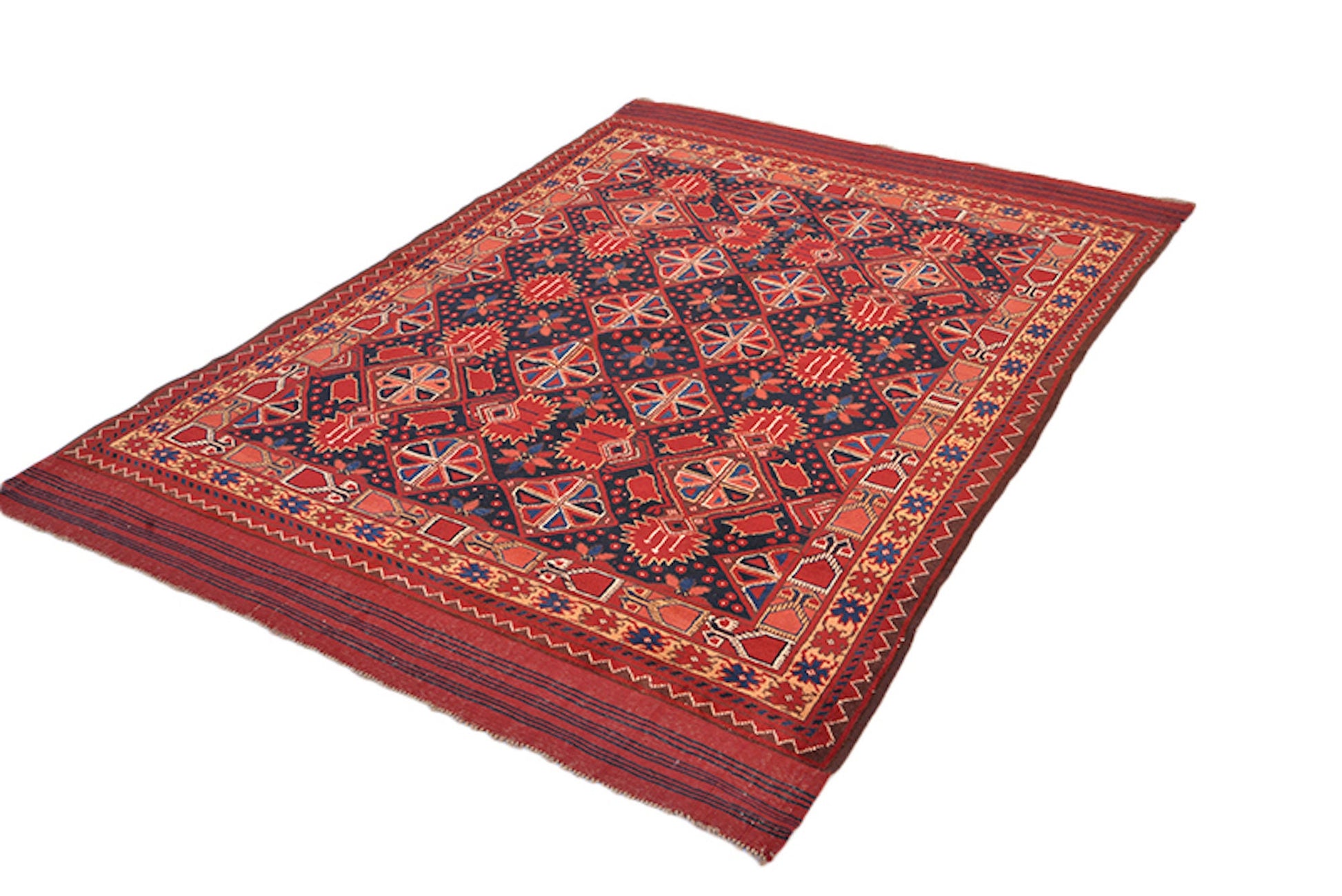 5 x 6 Orange Navy Vintage Area Rug | Handmade Tribal Rug with Wool | Geometric Pattern of Red Floral on Navy Background | Bohemian Colorful