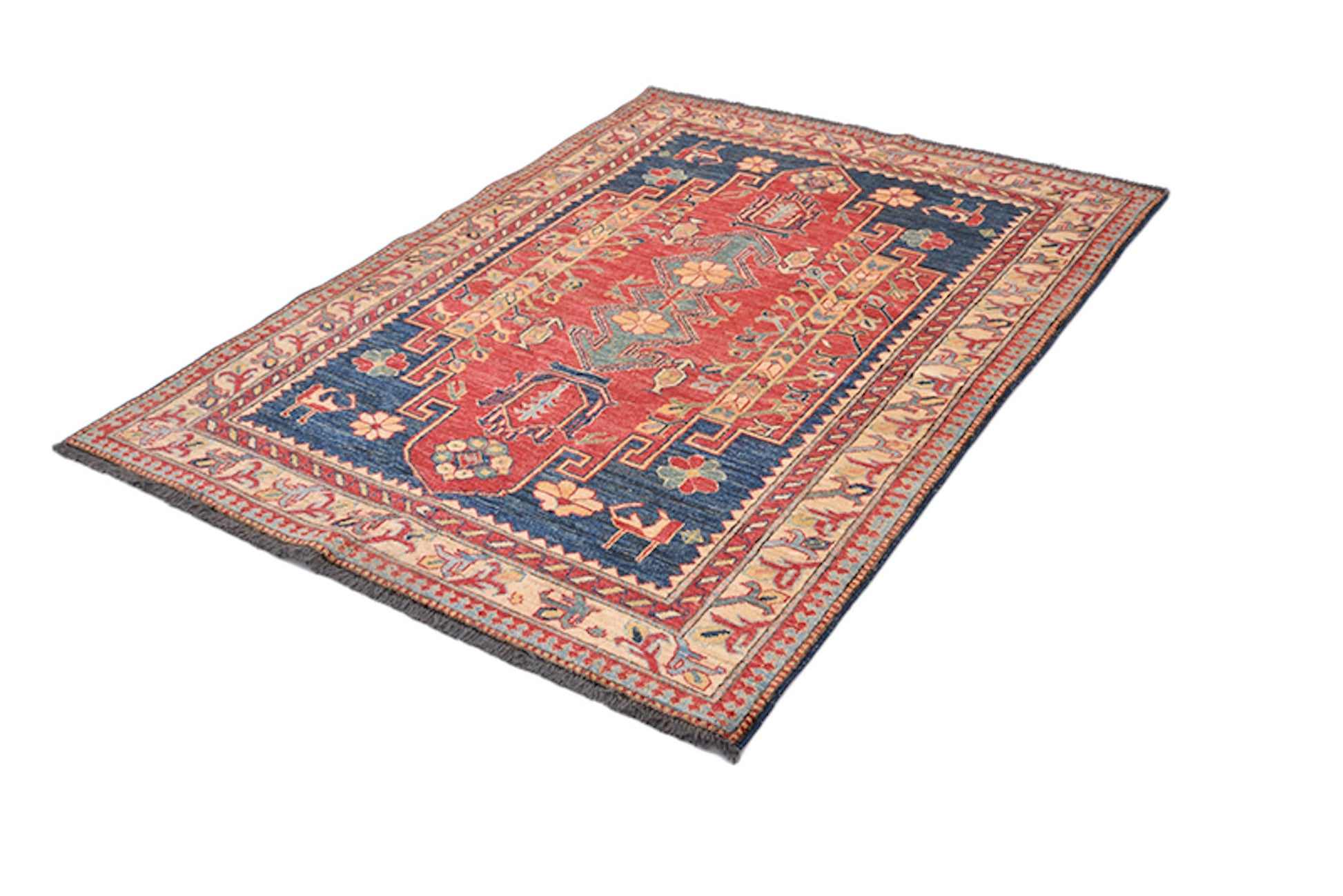 Red Medallion Hand Woven Vintage Area Rug | 4x6 with Blue Background and Beige Border | Tribal Nomadic Geometric Rustic Home Decor Rug