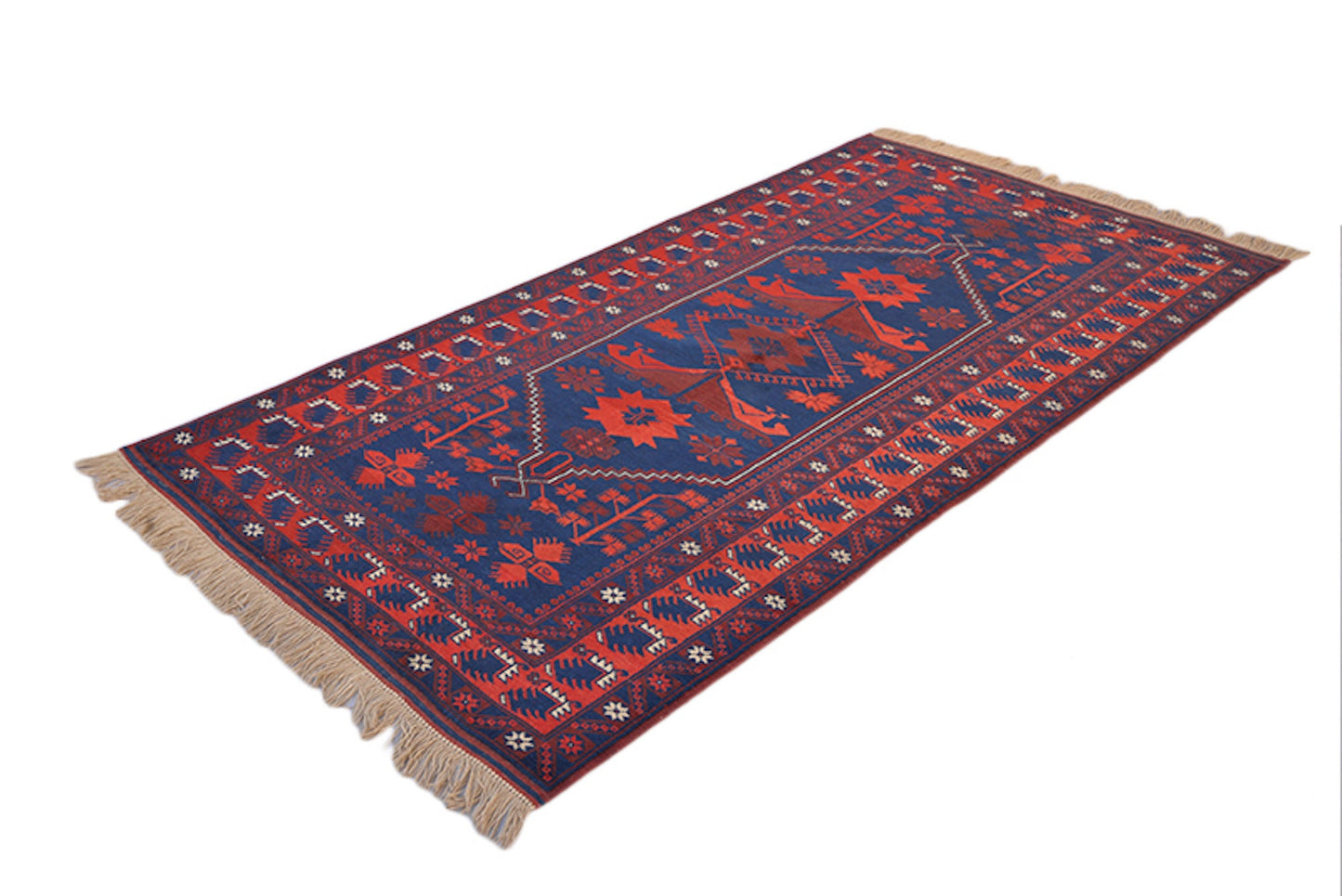 4 x 7 Feet Orange Blue Turkish Caucasian Rug | Handmade Area Rug | Oriental Persian Rug | Living Room Rug | Accent Geometric Pattern Rug