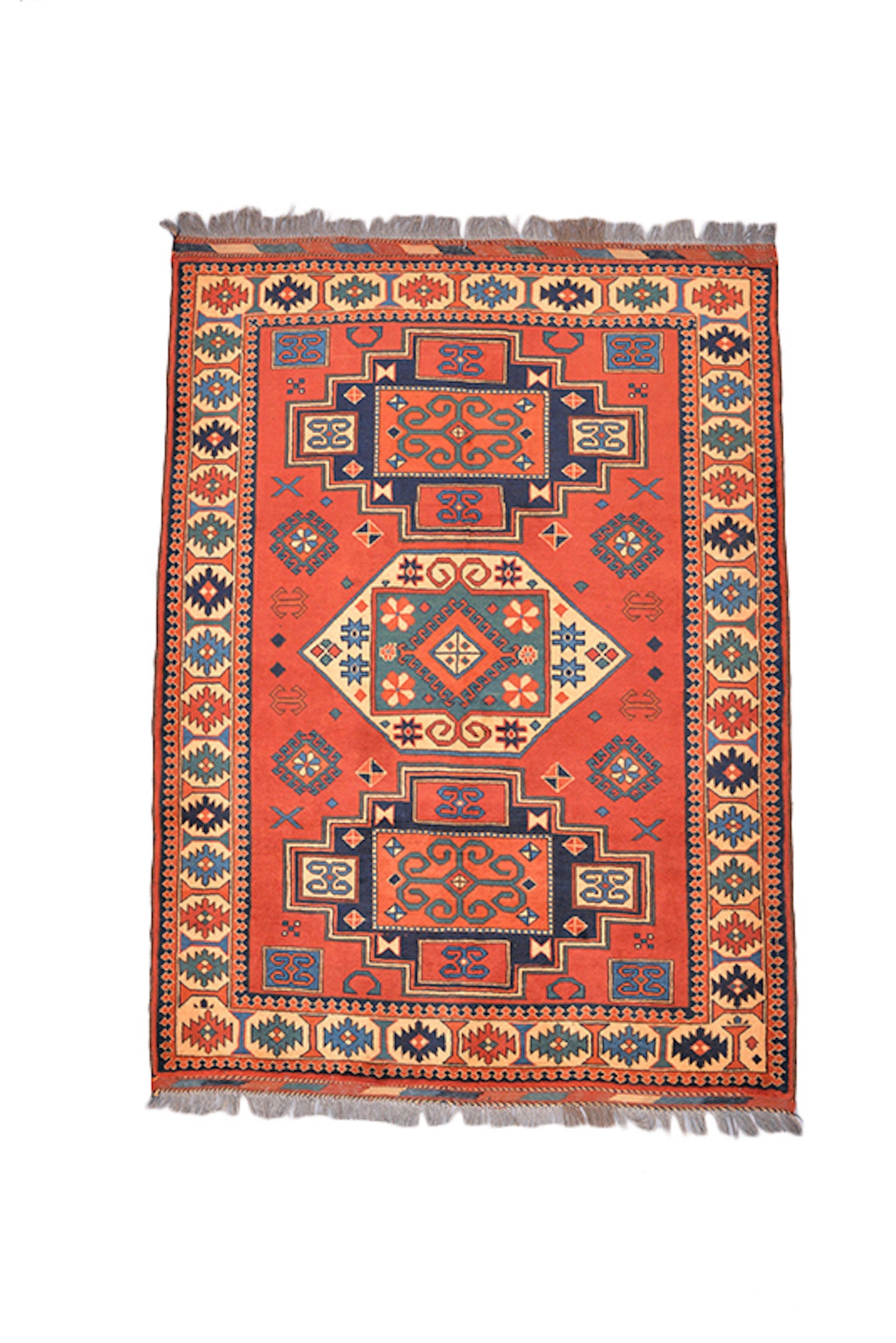 One of a kind Orange Blue Antique Rug | Small Persian Caucasian Rug | Living Room Rug | Accent Hand Woven Wool Rug | Oriental Geometric Rug