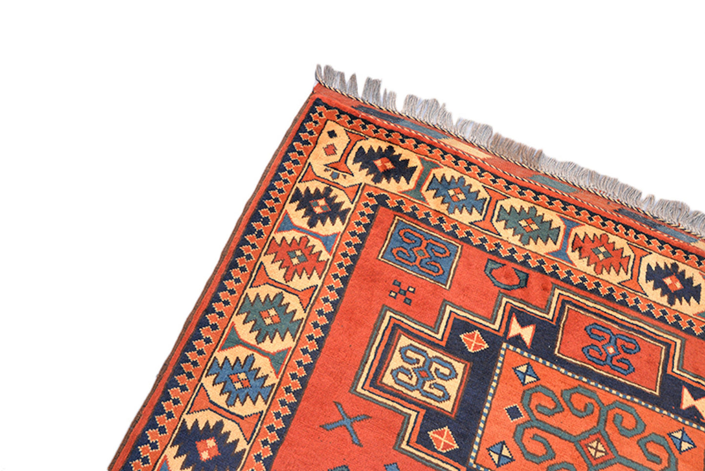 One of a kind Orange Blue Antique Rug | Small Persian Caucasian Rug | Living Room Rug | Accent Hand Woven Wool Rug | Oriental Geometric Rug