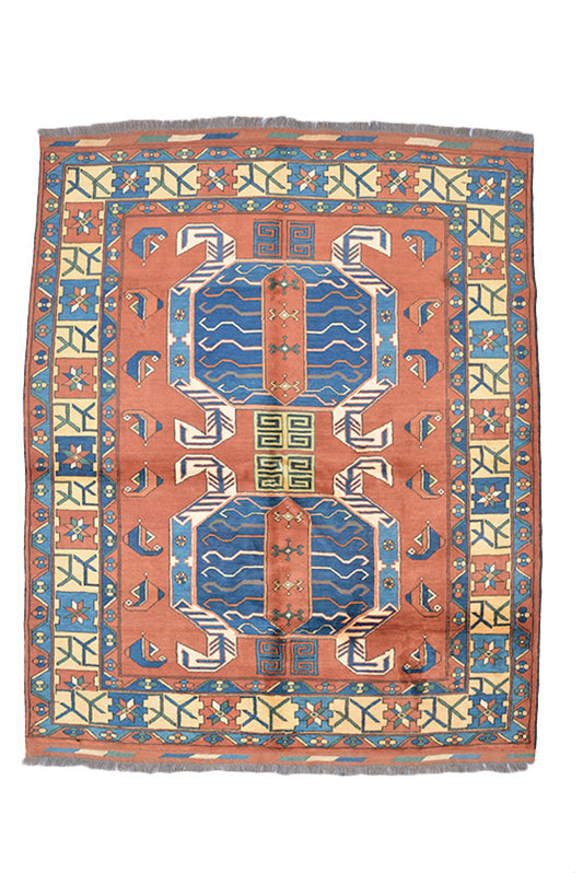 5 x 6 Feet Orange Blue Turkish Caucasian Rug | Hand Woven Area Rug | Oriental Persian Rug | Living Room Rug | Accent Geometric Pattern Rug