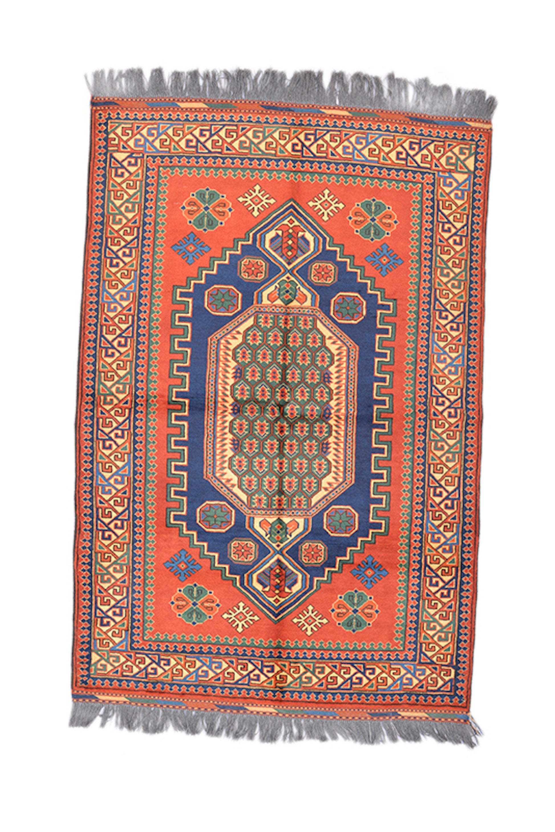 4 x 6 Feet Orange Blue Medallion Rug | Hand Woven Area Rug | Oriental Persian Rug | Living Room Rug | Accent Geometric Pattern Wool Rug