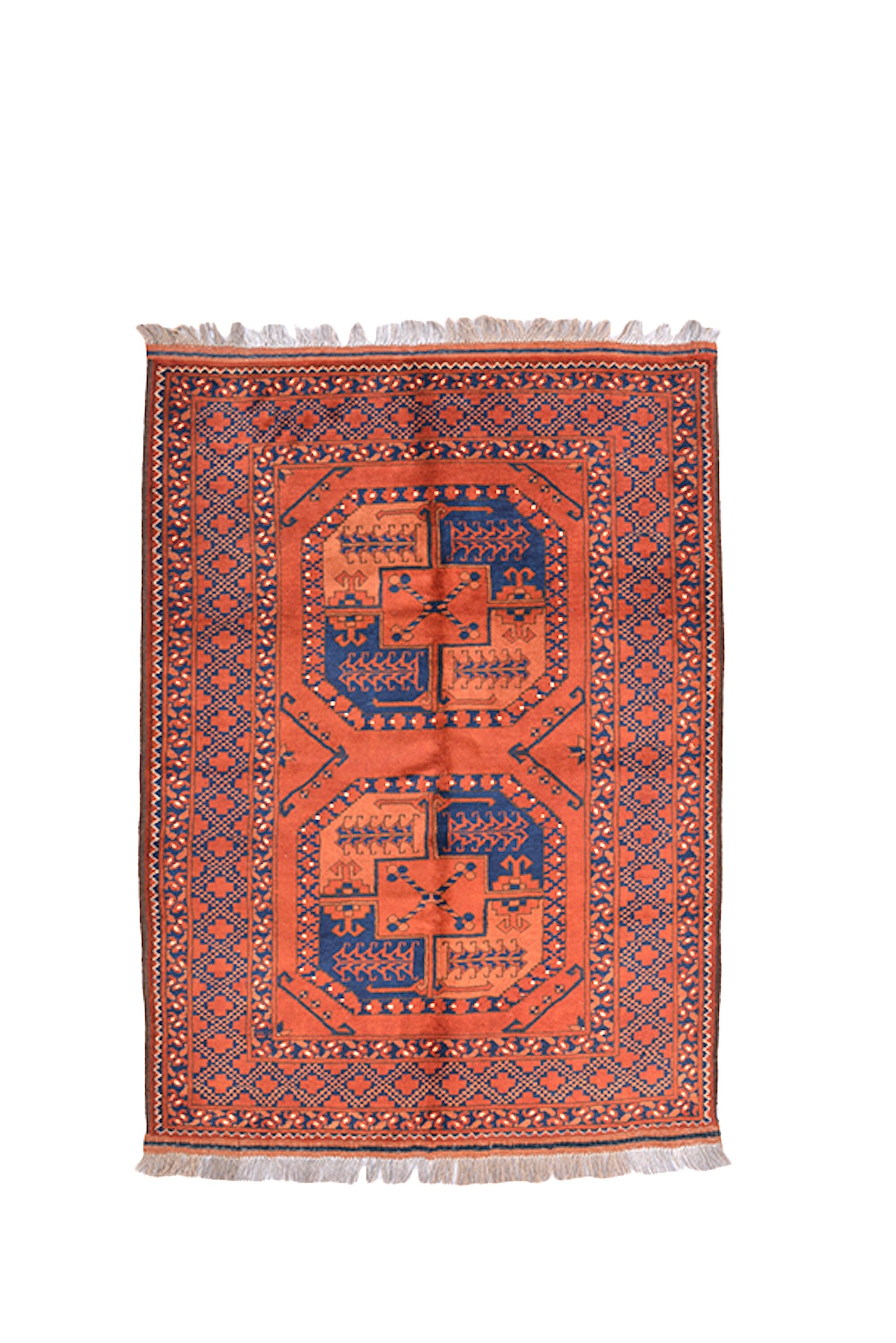 Rusty Orange Blue Small Persian Afghan Oriental Rug | Accent Home Geometric Rug | Bright Orange | Hand Woven Wool Antique Rug
