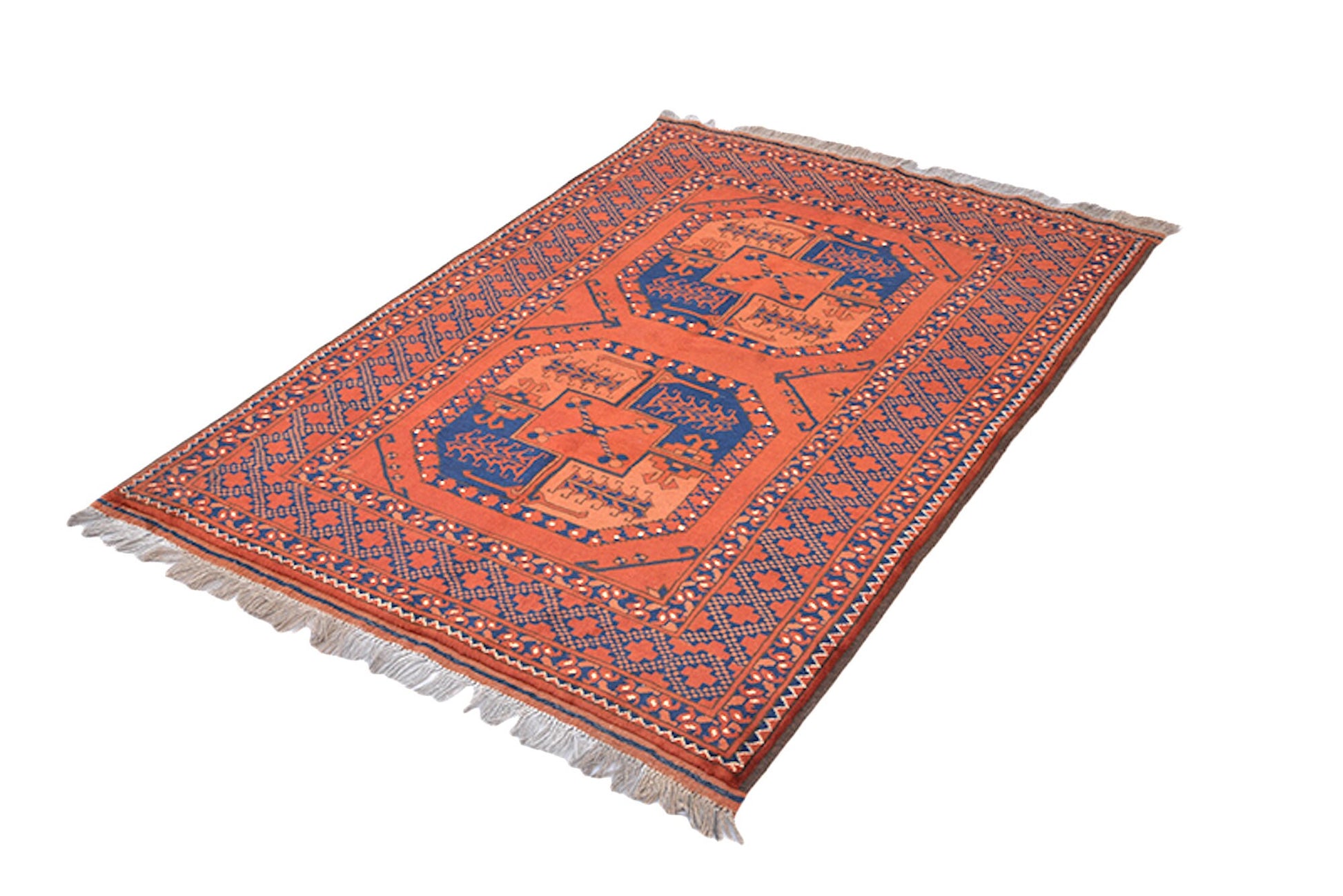 Rusty Orange Blue Small Persian Afghan Oriental Rug | Accent Home Geometric Rug | Bright Orange | Hand Woven Wool Antique Rug