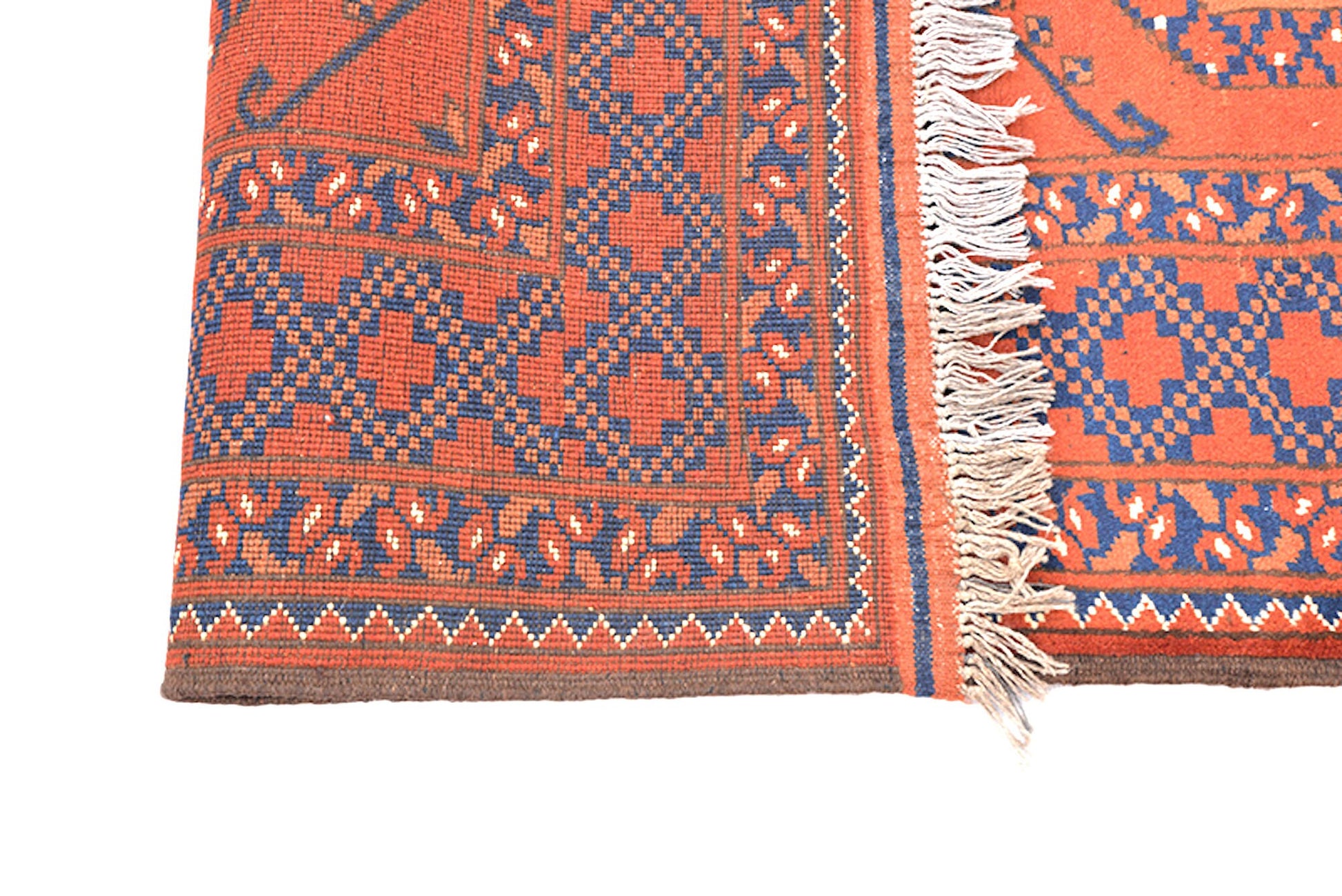 Rusty Orange Blue Small Persian Afghan Oriental Rug | Accent Home Geometric Rug | Bright Orange | Hand Woven Wool Antique Rug