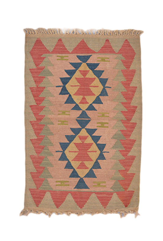 2 x 3 Feet Beige Red Geometric Rug | Handmade Area Rug | Oriental Persian Rug | Living Room Rug | Wool Traditional Vintage