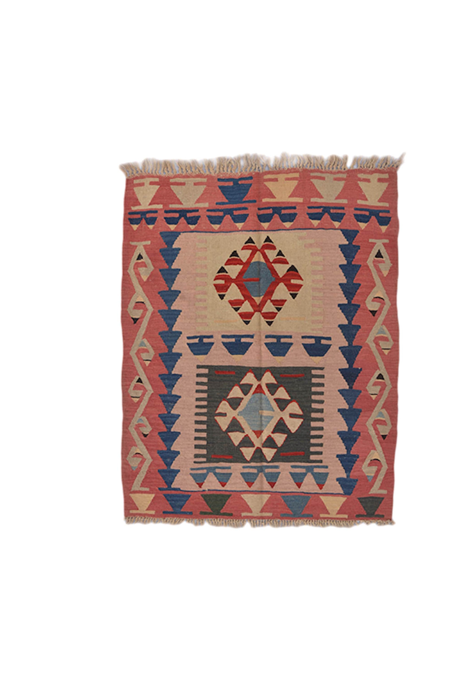 4 x 7 Colorful Kilim Ethnic Rug | Pink Hand Woven Area Rug | Flatweave tribal Bohemian style rug | Wool Traditional Vintage