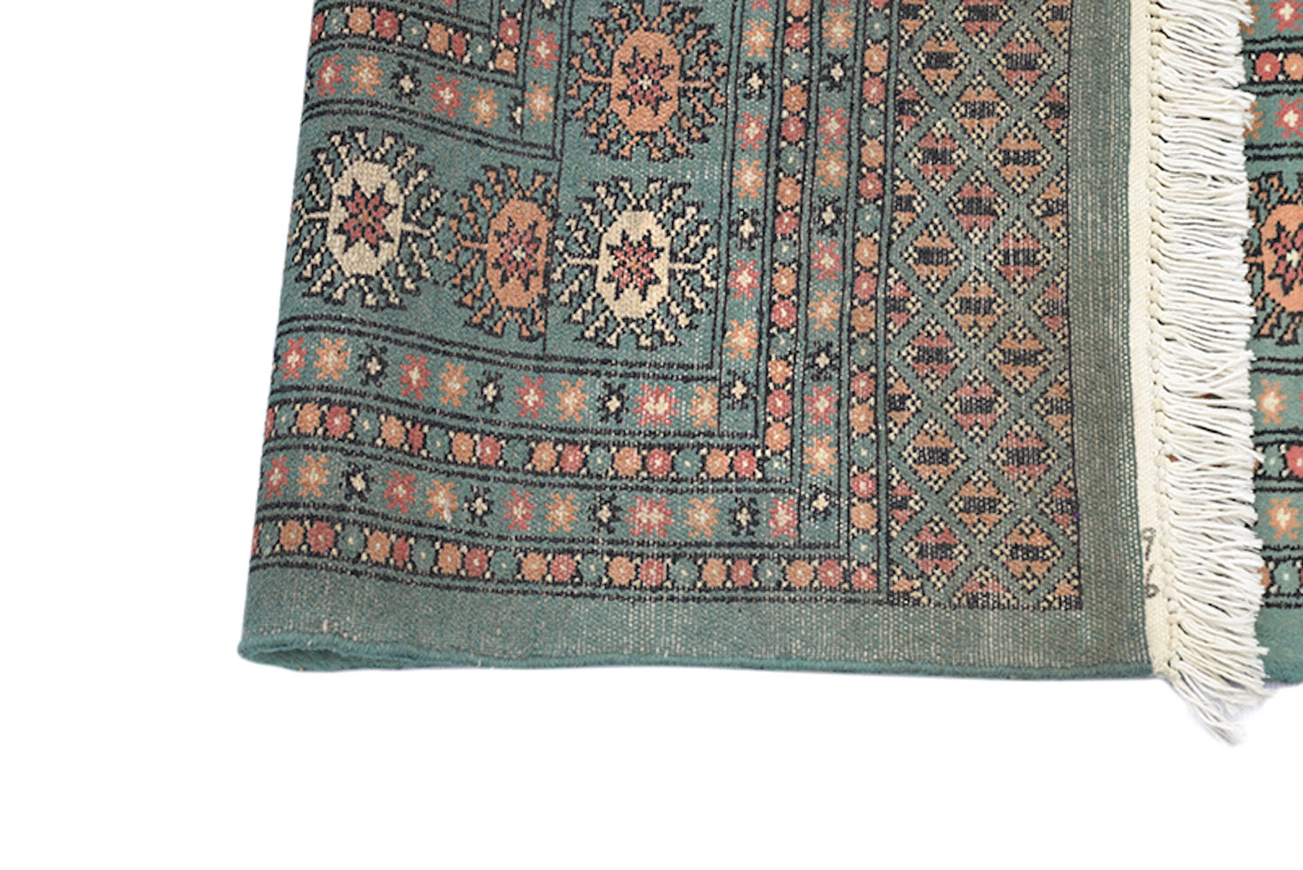 6 x 9 Light Green Kashmiri Area Rug | Large Border with Orange and Ivory Geometric Pattern | Wool Hand Knotted With Soft Shine Pile