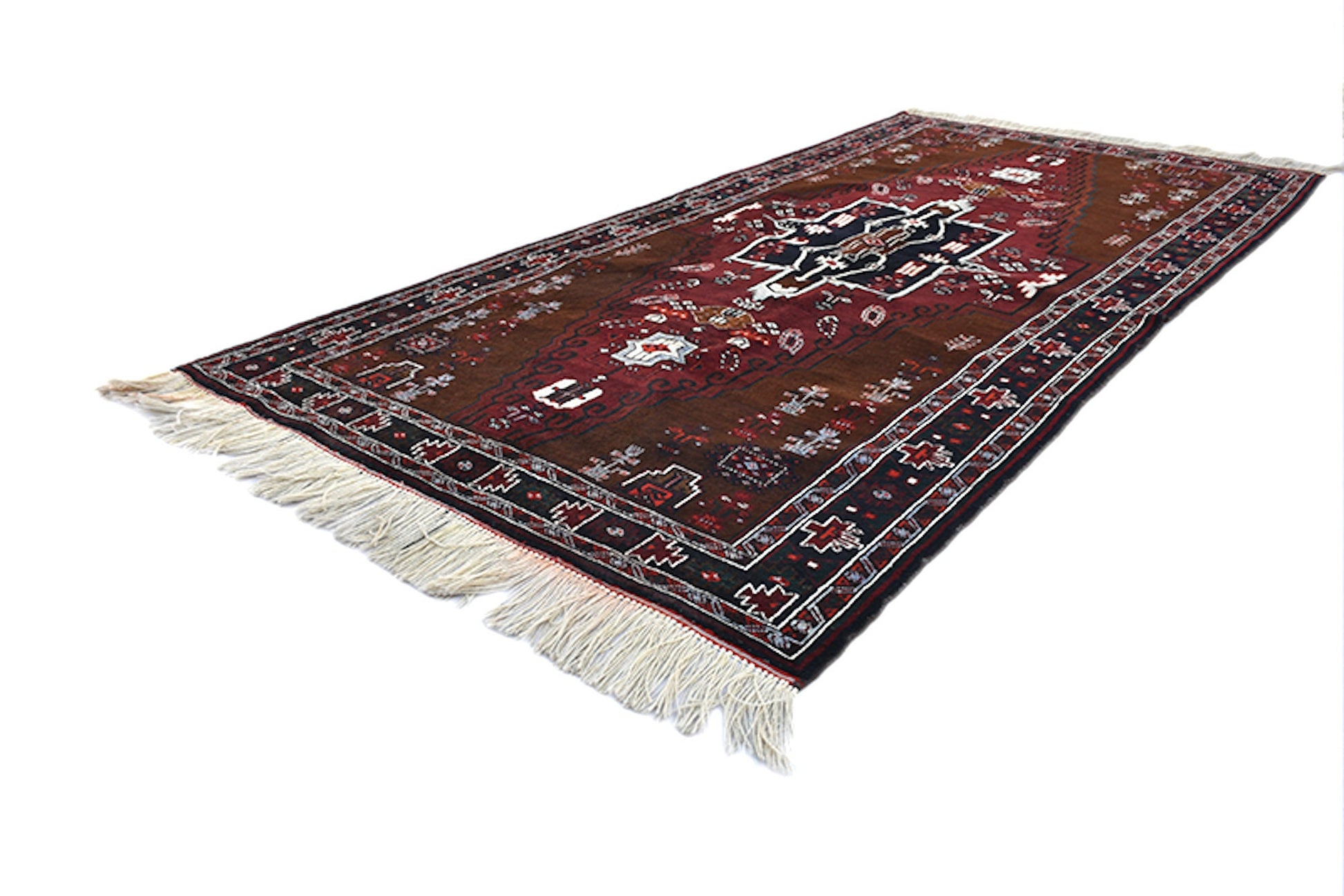 One of a kind Dark Antique Rug | 4 x 7 Turkish Caucasian Rug | Accent Hand Knotted Wool Rug | Medallion Geometric Pattern | Dark Red & Brown