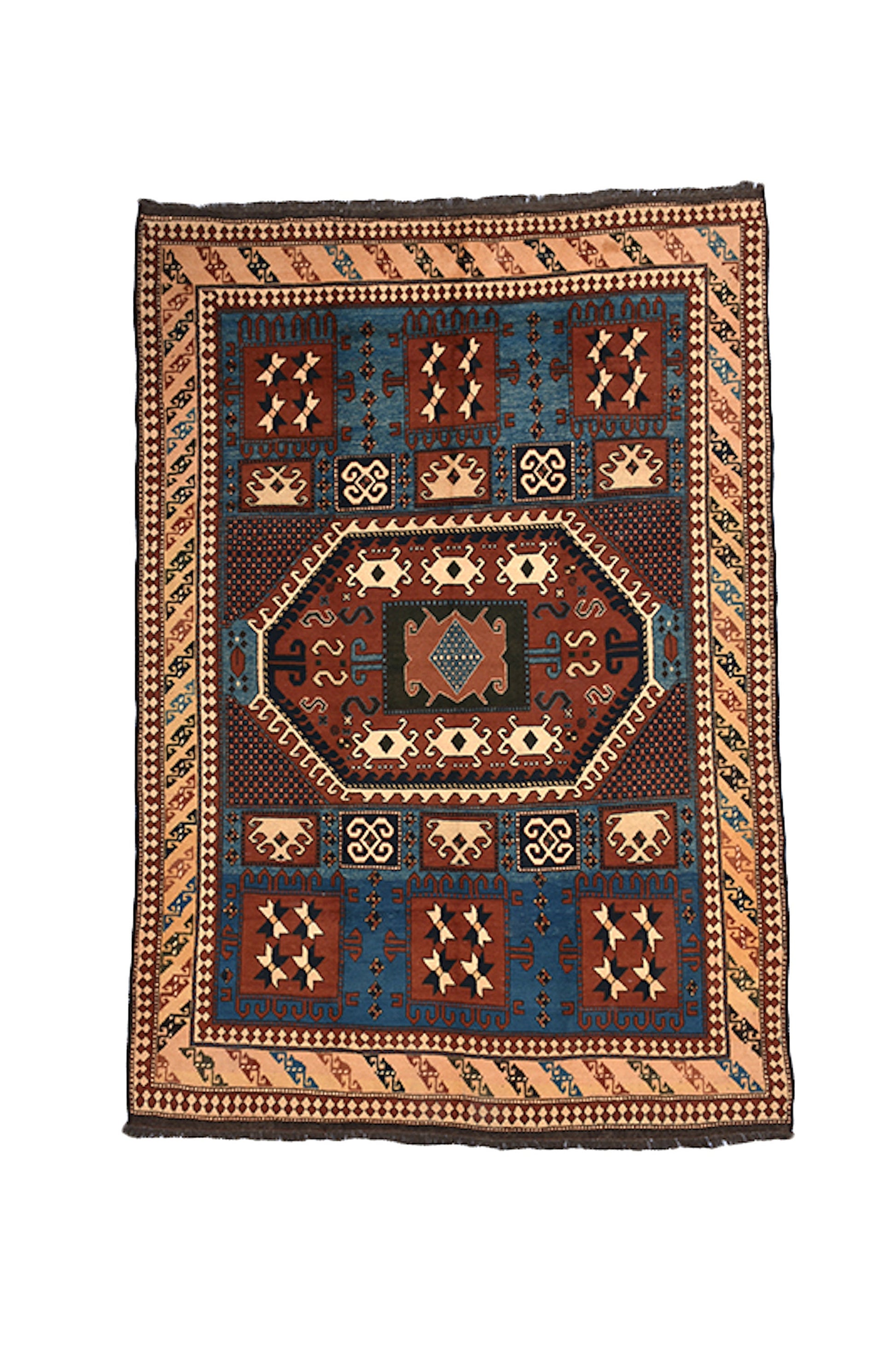 6 x 9 Brown Blue Rustic Area Rug | Handmade Tribal Rug with Teal Blue and Orange Pattern | Hand Woven Antique Rug