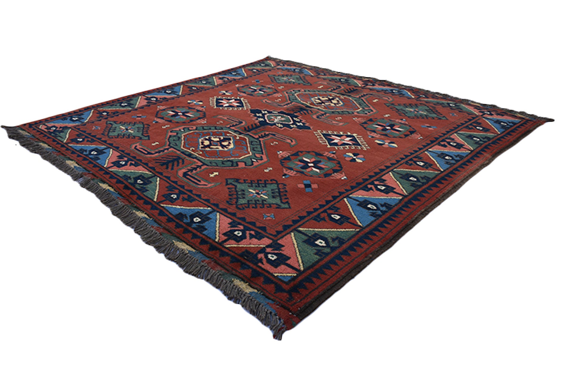 Square Red Green Turkish Area Rug | 5 x 5 Dark Colored Handmade Area Rug | Geometric Tribal Patterns | Flatweave Low Pile Rug | Wool Rugl