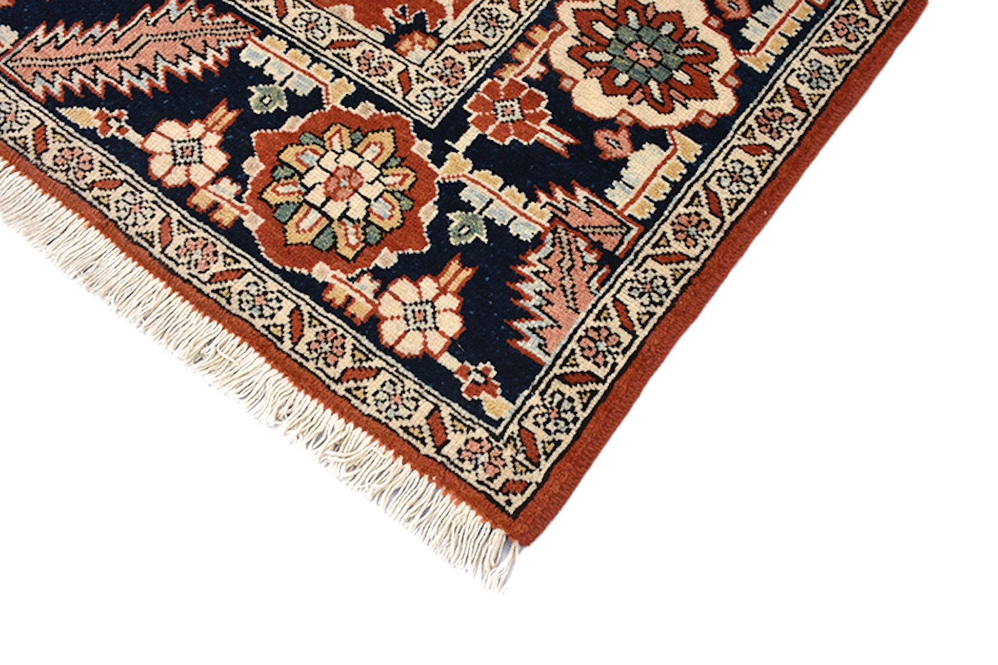 Orange Blue Oriental 6x8 Antique Rug | Accent One of a Kind Living Room Rug with Persian Motifs and Navy Blue Border