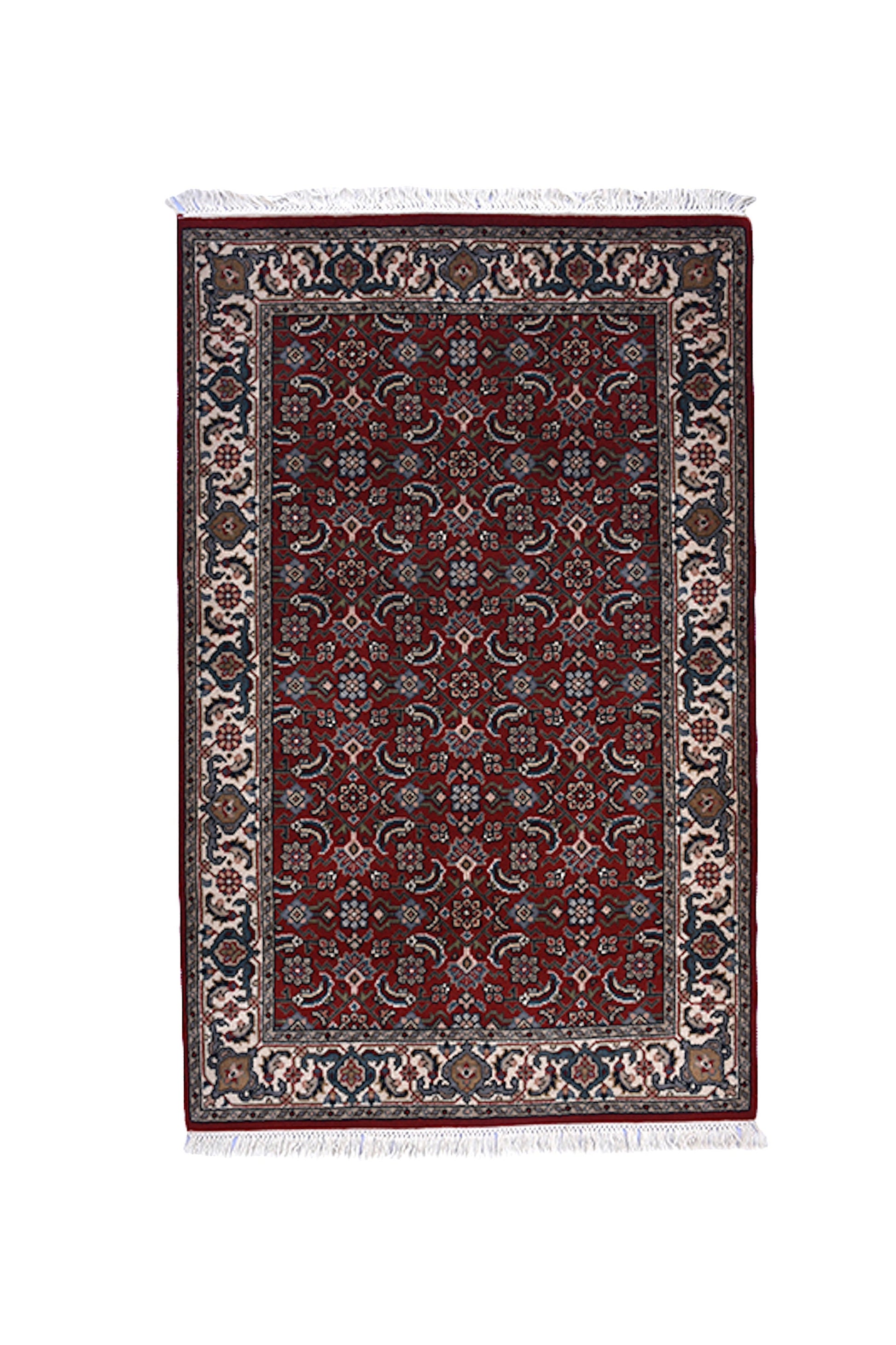 Red Blue Antique Rug | Oriental Persian Design with Ivory Border | Entryway Kitchen Rug | Accent Handmade Wool Rug