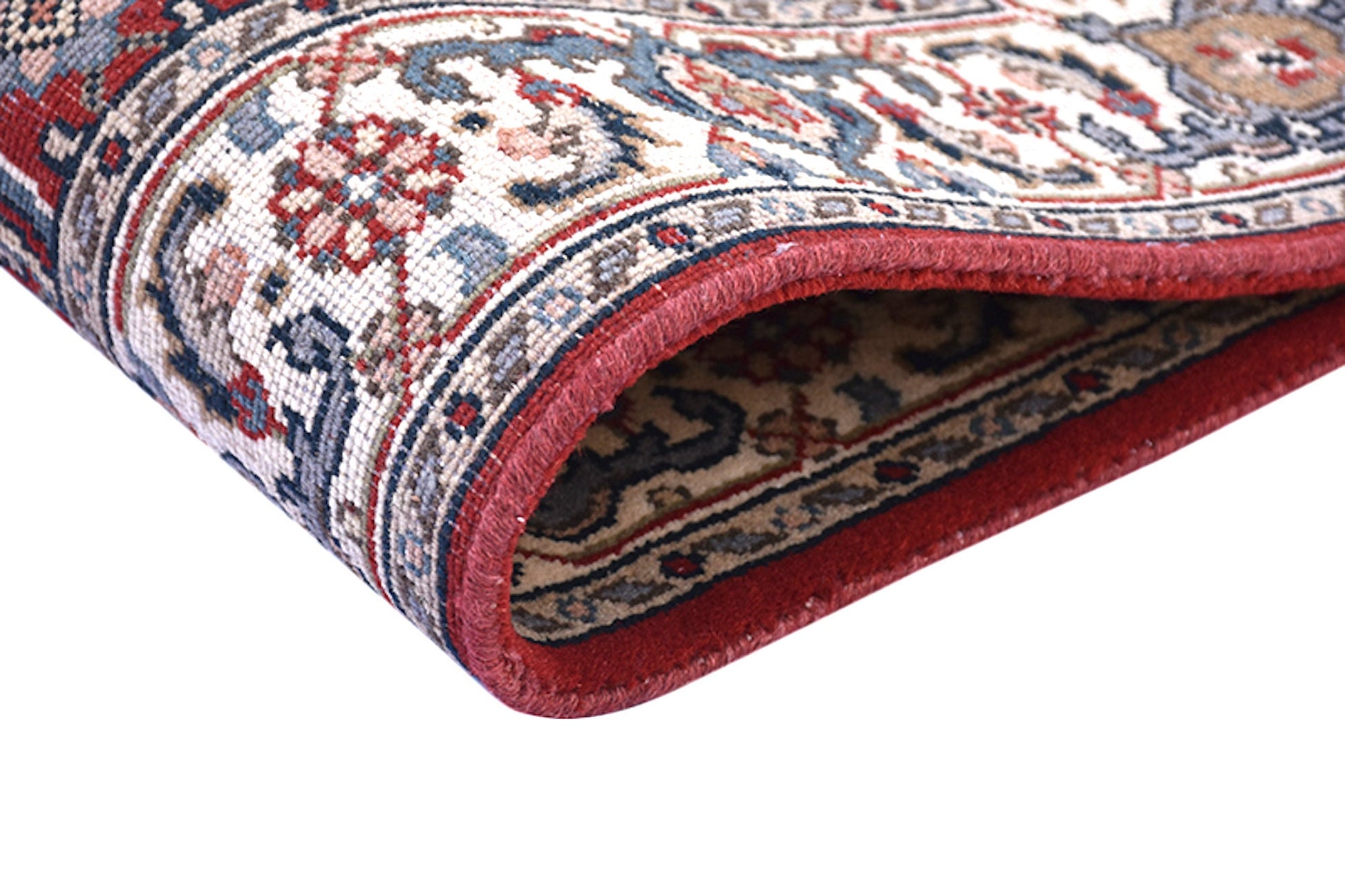 Red Blue Antique Rug | Oriental Persian Design with Ivory Border | Entryway Kitchen Rug | Accent Handmade Wool Rug