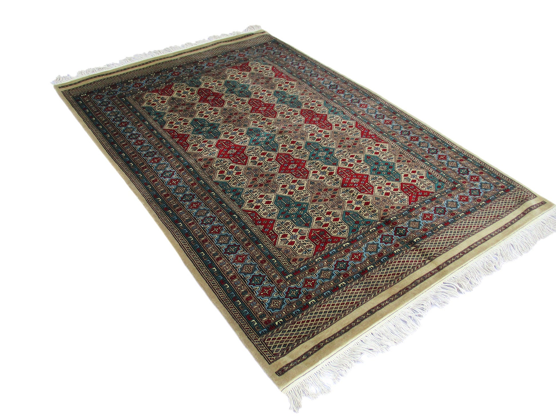 4 x 7 Feet Multi Color Turkish Caucasian Rug | Hand Woven Wool & Silk | Oriental Persian Pattern With Thick Blue Red Green Border Soft Pile
