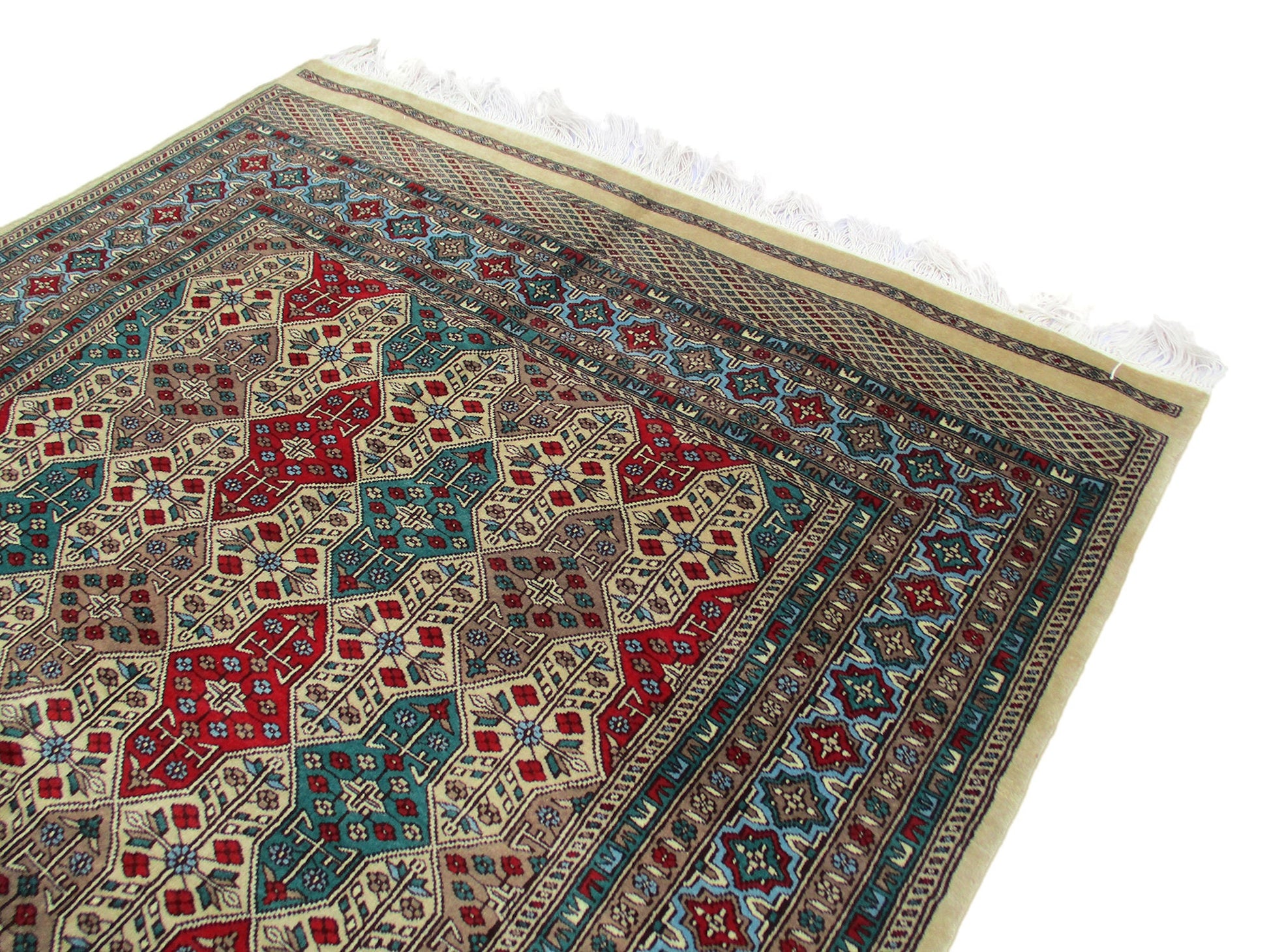 4 x 7 Feet Multi Color Turkish Caucasian Rug | Hand Woven Wool & Silk | Oriental Persian Pattern With Thick Blue Red Green Border Soft Pile