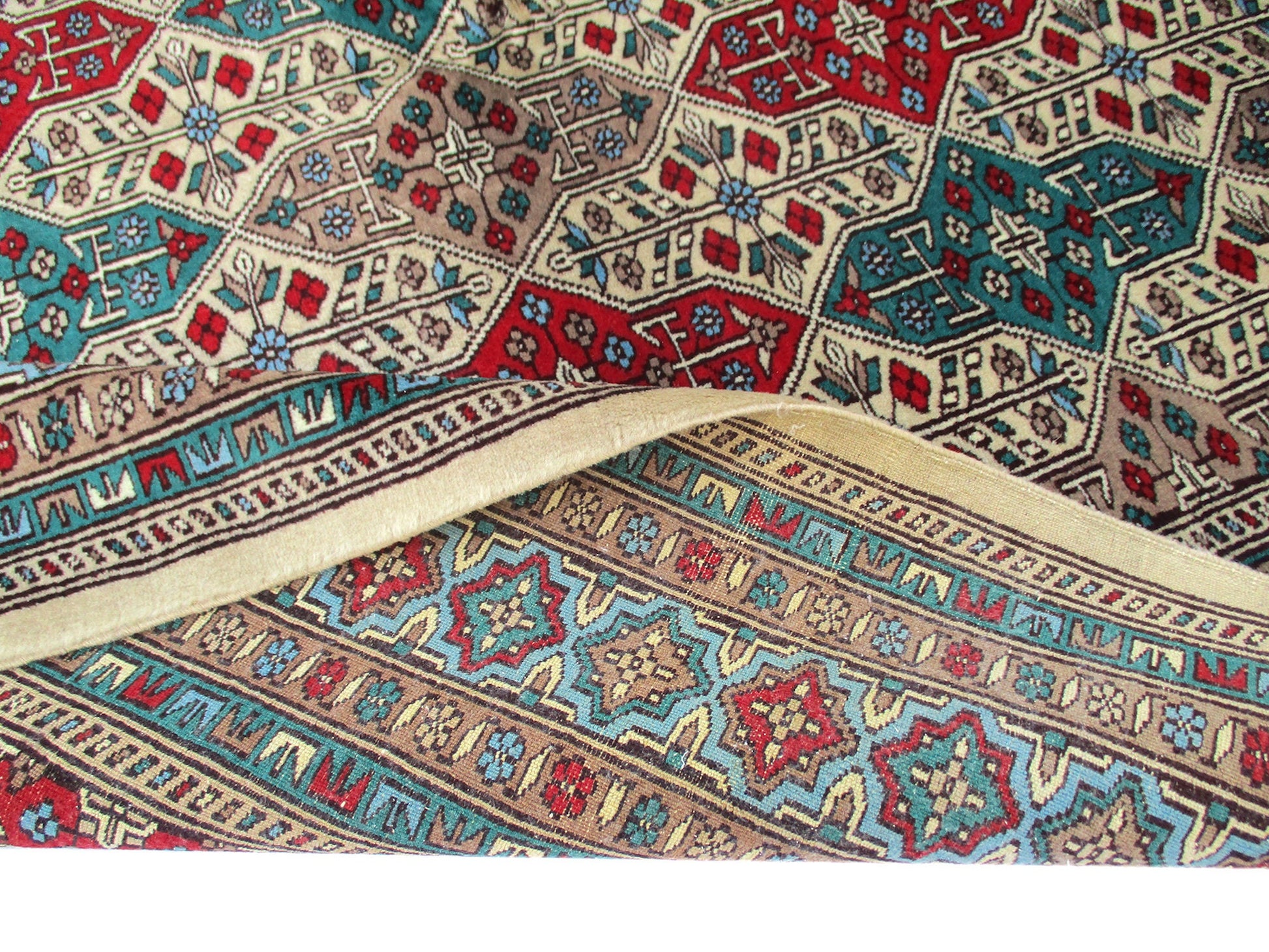 4 x 7 Feet Multi Color Turkish Caucasian Rug | Hand Woven Wool & Silk | Oriental Persian Pattern With Thick Blue Red Green Border Soft Pile