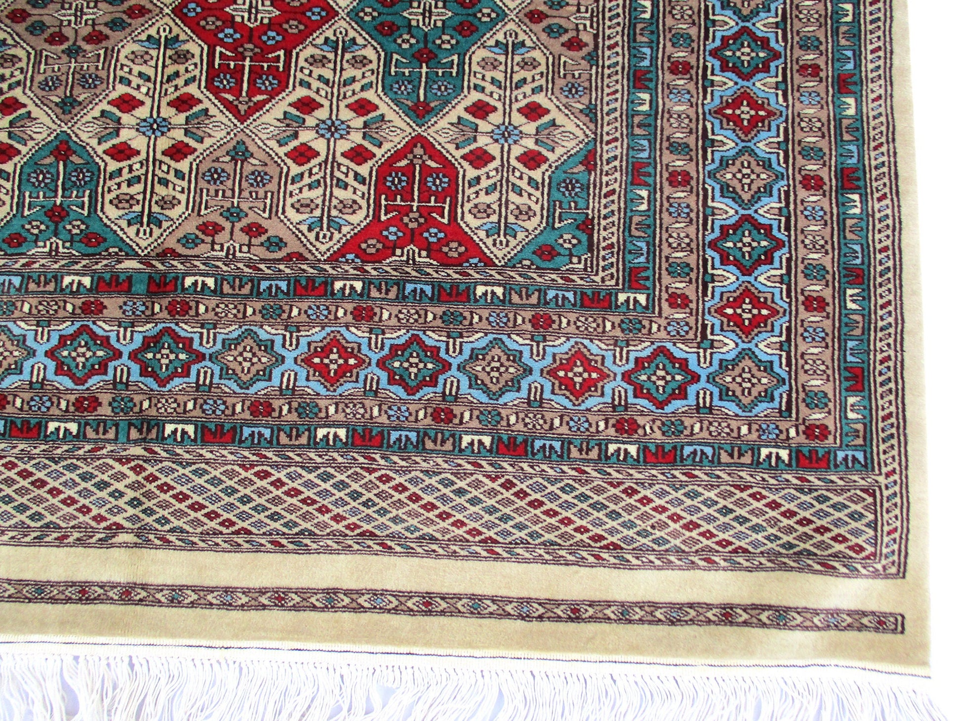 4 x 7 Feet Multi Color Turkish Caucasian Rug | Hand Woven Wool & Silk | Oriental Persian Pattern With Thick Blue Red Green Border Soft Pile