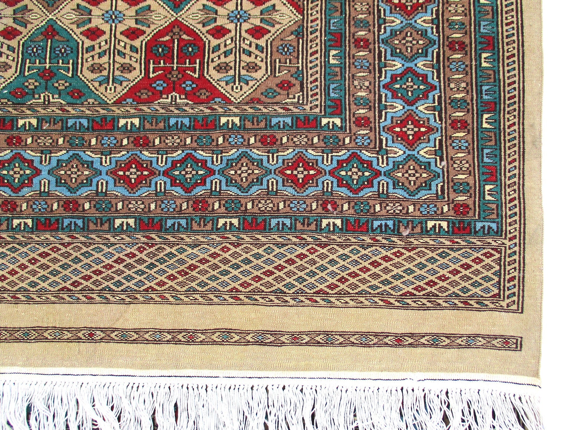 4 x 7 Feet Multi Color Turkish Caucasian Rug | Hand Woven Wool & Silk | Oriental Persian Pattern With Thick Blue Red Green Border Soft Pile