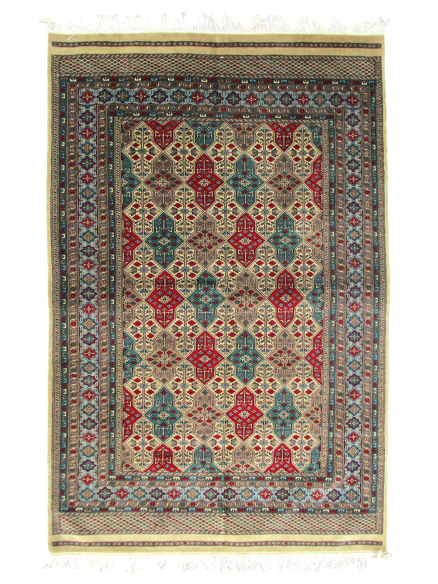 4 x 7 Feet Multi Color Turkish Caucasian Rug | Hand Woven Wool & Silk | Oriental Persian Pattern With Thick Blue Red Green Border Soft Pile