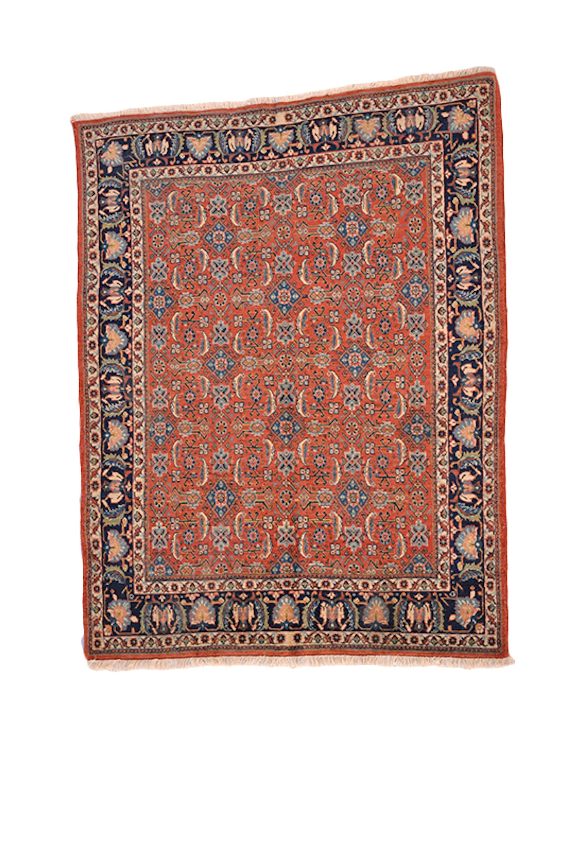 Rusted Orange Handmade Rug 3 x 4 with Dark Navy Border | Wool Low Pile Vintage Area Rug for Kitchen or Entryway | Blue Geometric Accents