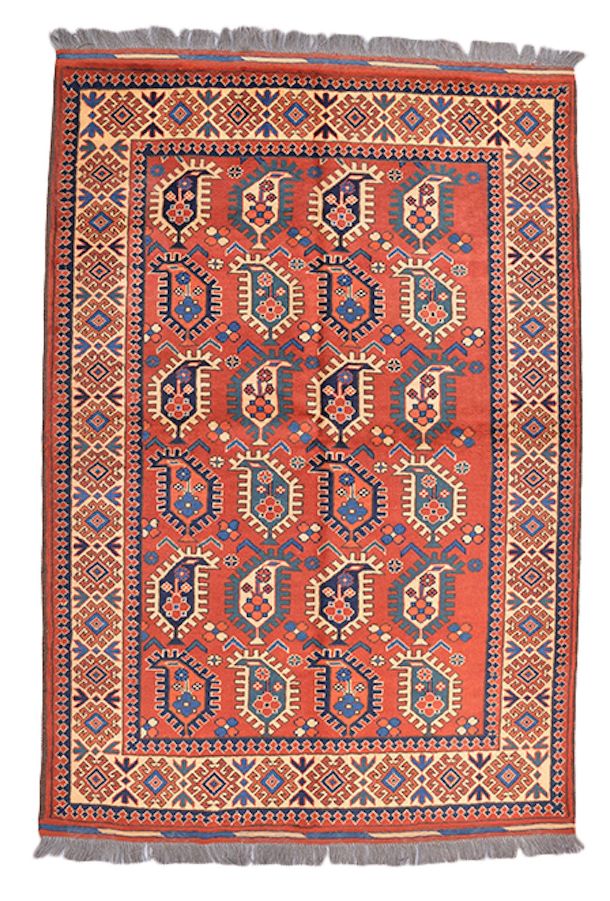 4 x 6 Orange with Blue Paisley Design Hand Knotted Rug