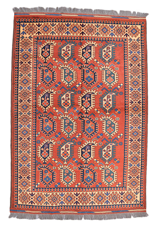 4 x 6 Orange with Blue Paisley Design Hand Knotted Rug
