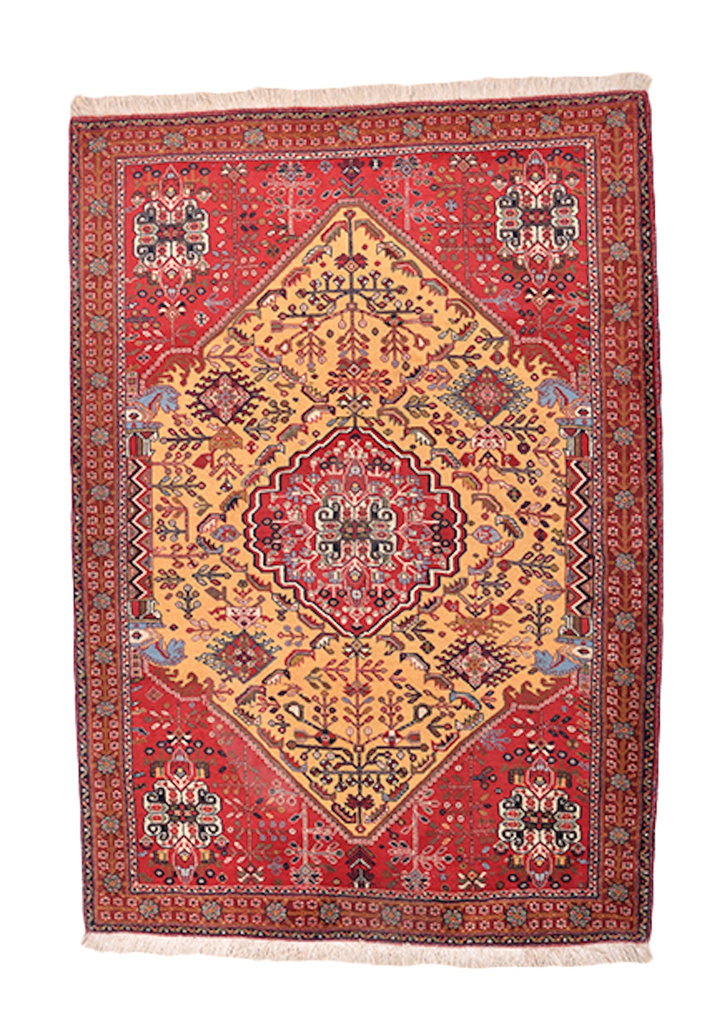 4 x 5 Red Caucasian Handmade Area Rug with Large Yellow Central Medallion