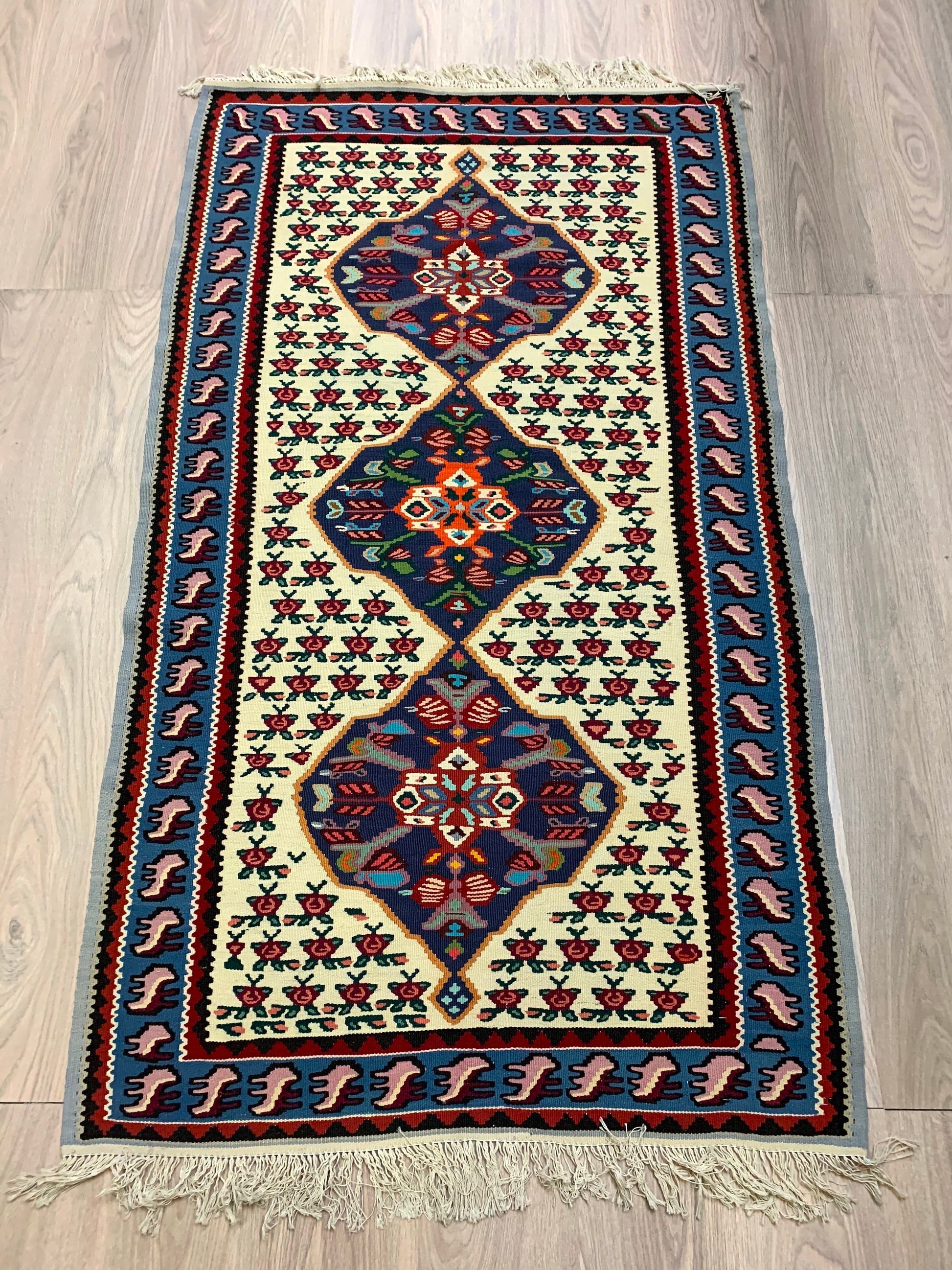 Vintage Turkish 3x6 Rug | Blue Pink Floral Runner Rug | Bright Blue Border  | Accent Handmade Wool Rug