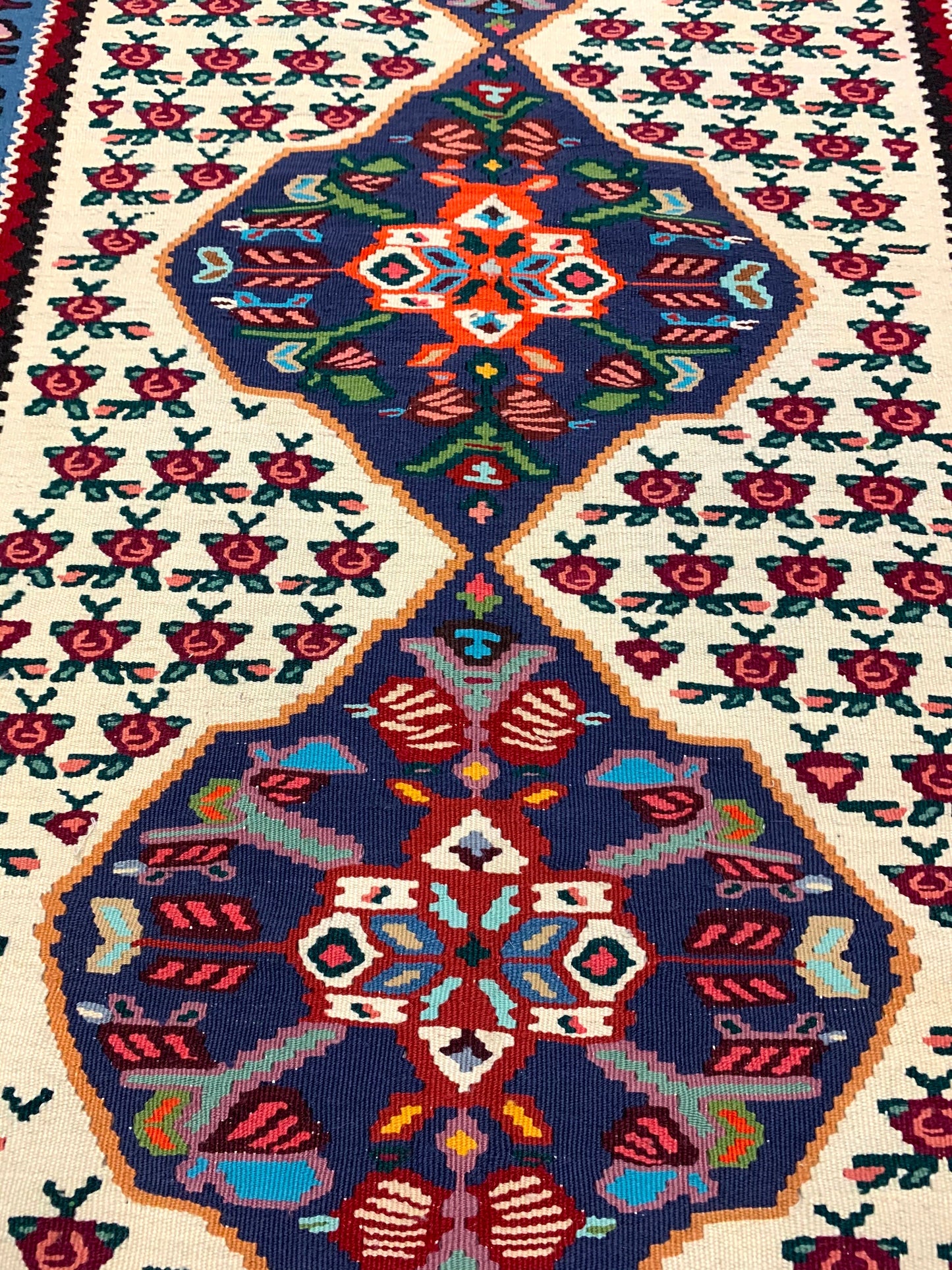 Vintage Turkish 3x6 Rug | Blue Pink Floral Runner Rug | Bright Blue Border  | Accent Handmade Wool Rug