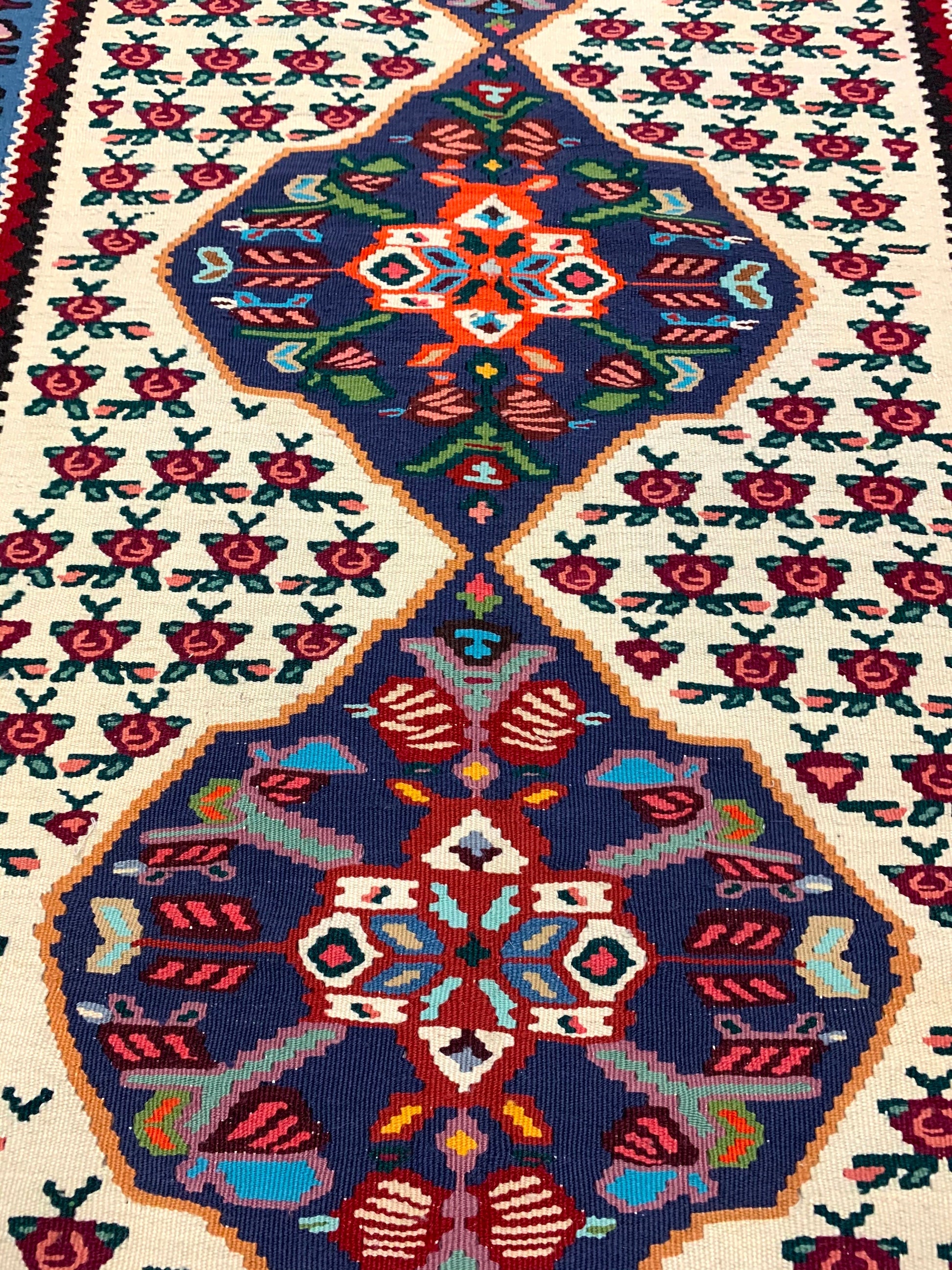 Vintage Turkish 3x6 Rug | Blue Pink Floral Runner Rug | Bright Blue Border  | Accent Handmade Wool Rug