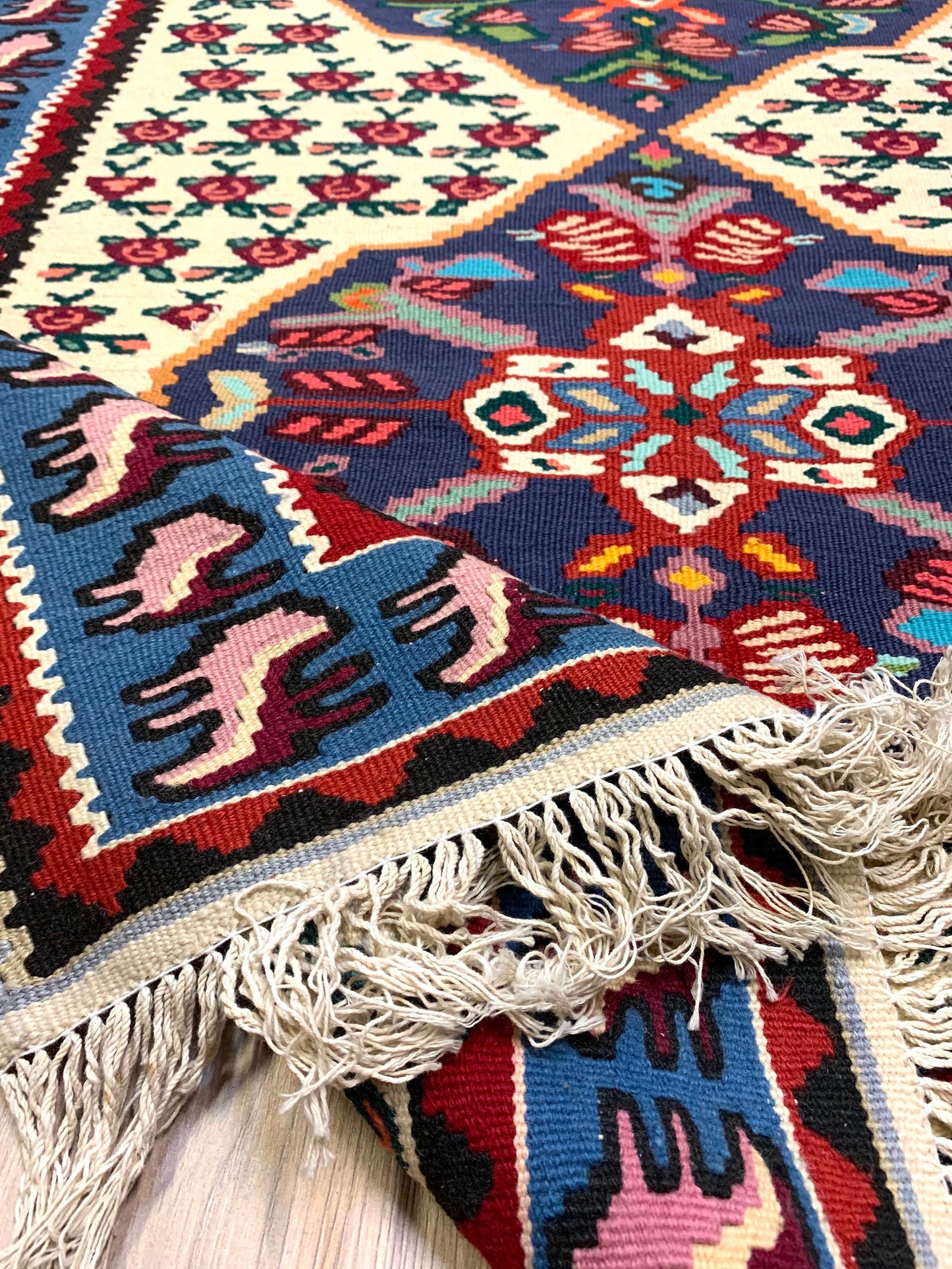 Vintage Turkish 3x6 Rug | Blue Pink Floral Runner Rug | Bright Blue Border  | Accent Handmade Wool Rug