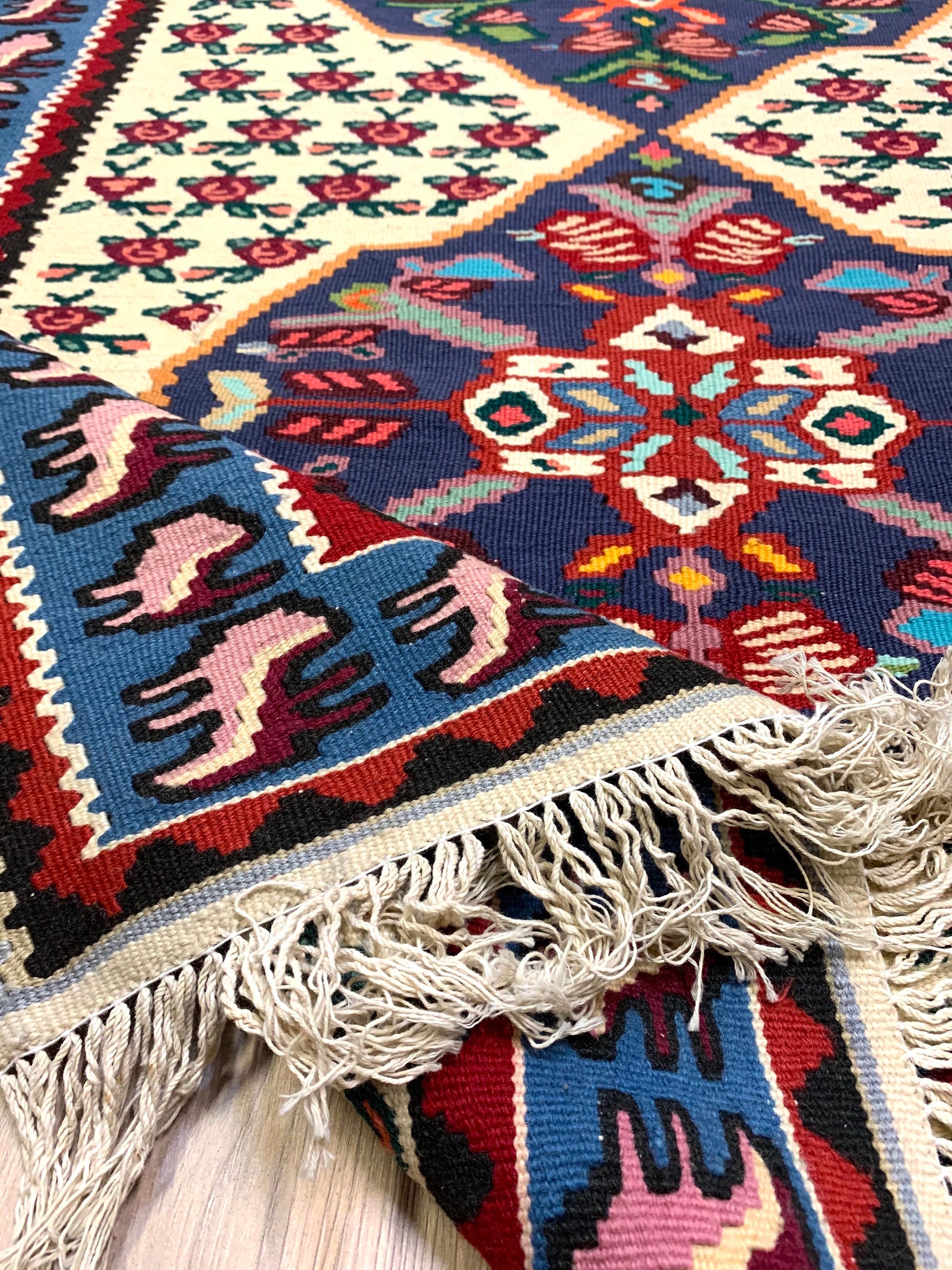 Vintage Turkish 3x6 Rug | Blue Pink Floral Runner Rug | Bright Blue Border  | Accent Handmade Wool Rug