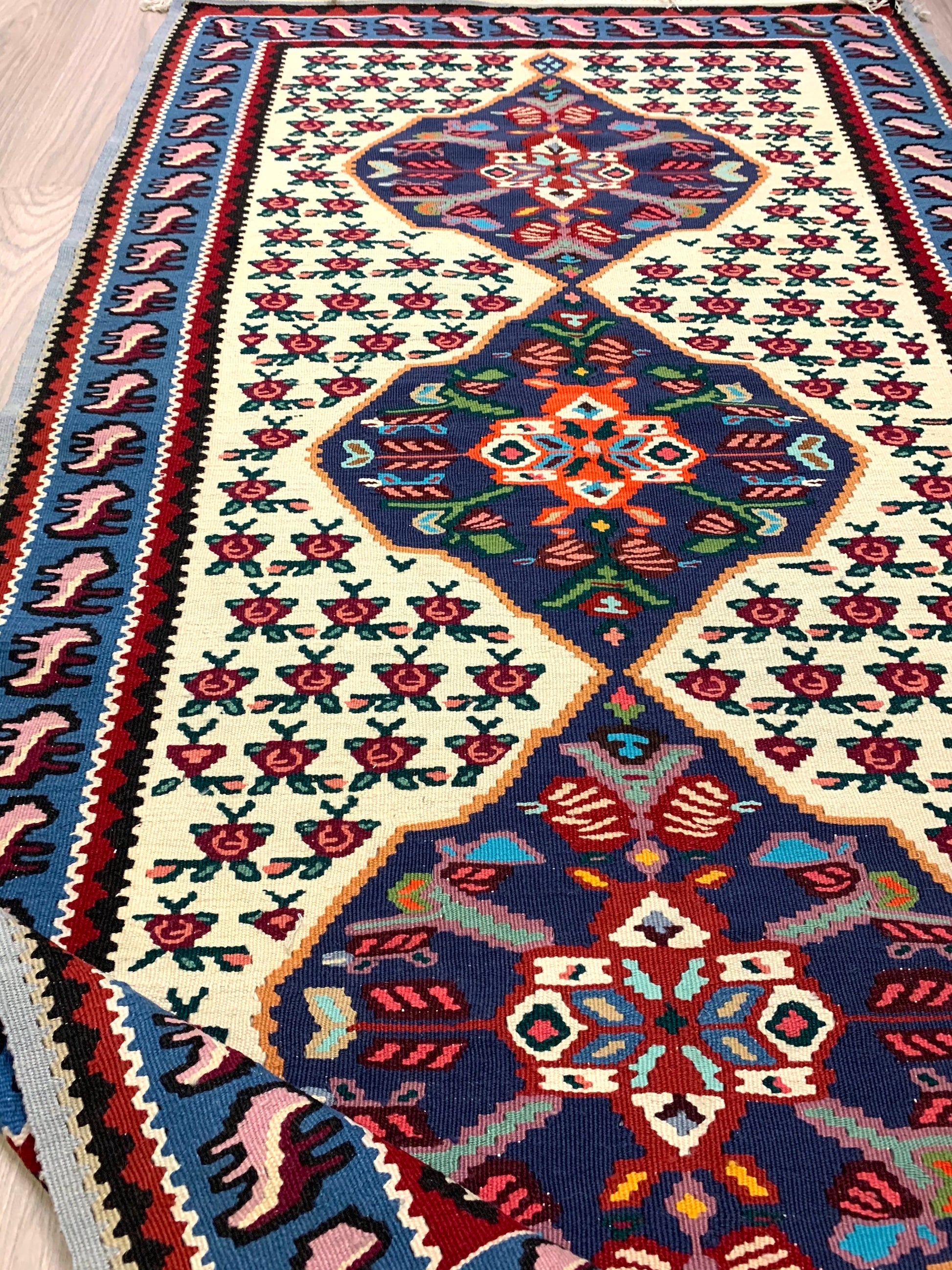 Vintage Turkish 3x6 Rug | Blue Pink Floral Runner Rug | Bright Blue Border  | Accent Handmade Wool Rug