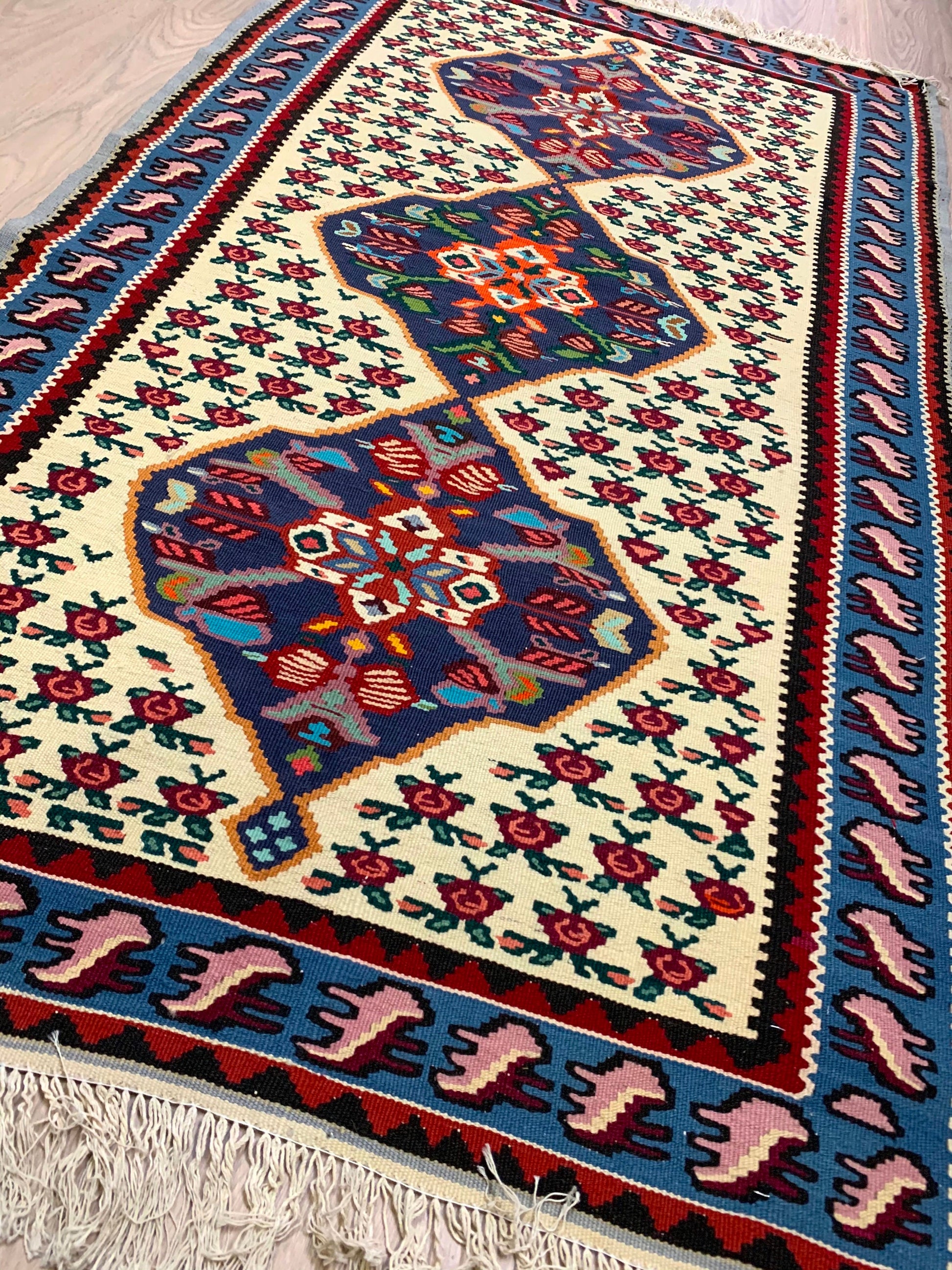 Vintage Turkish 3x6 Rug | Blue Pink Floral Runner Rug | Bright Blue Border  | Accent Handmade Wool Rug