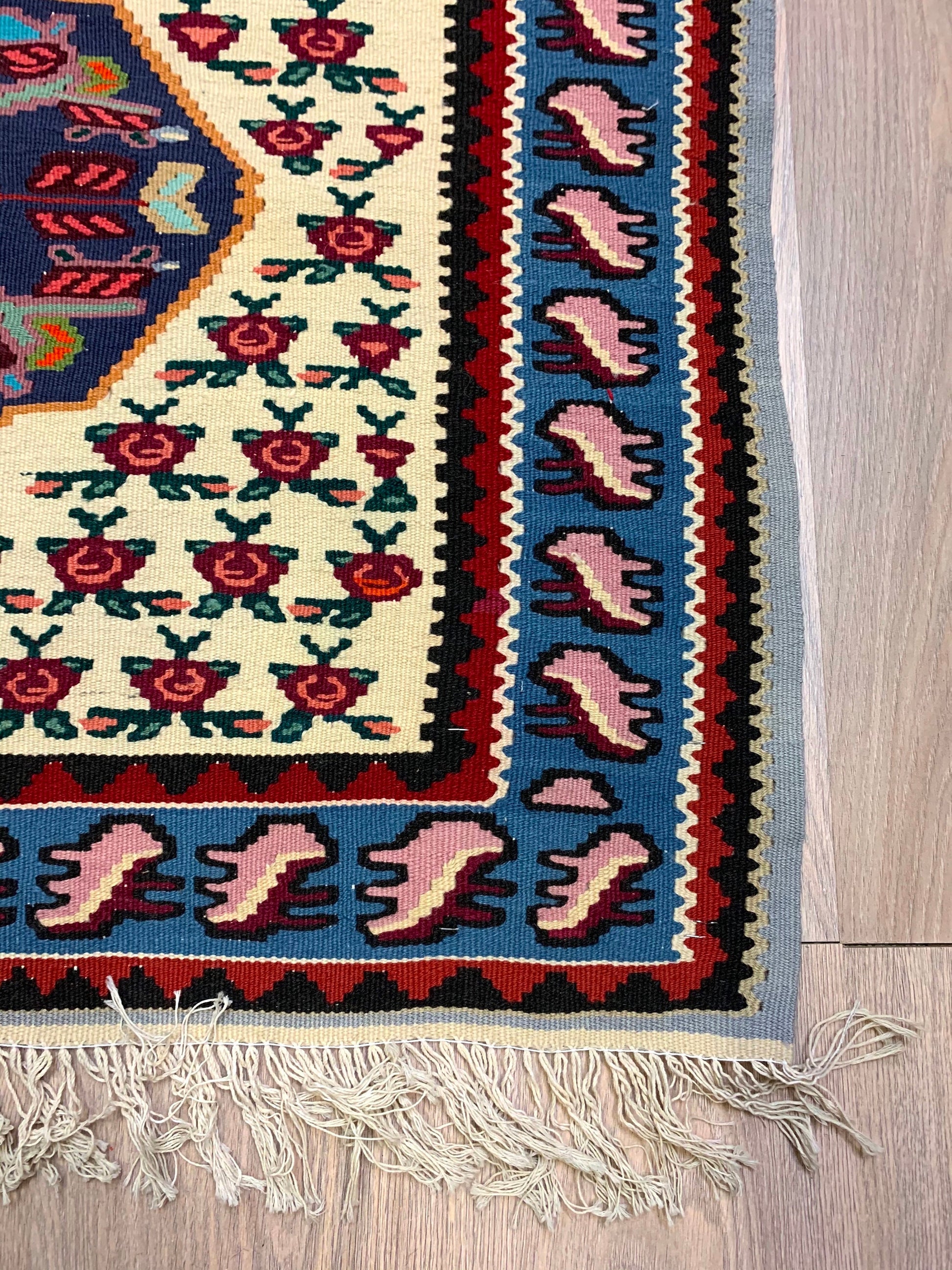 Vintage Turkish 3x6 Rug | Blue Pink Floral Runner Rug | Bright Blue Border  | Accent Handmade Wool Rug