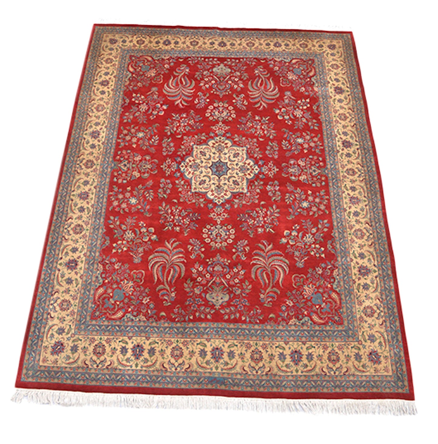 Red Large Oriental Rug with Medallion | 7 x  10 | Thick Beige Border with Blue Trimming