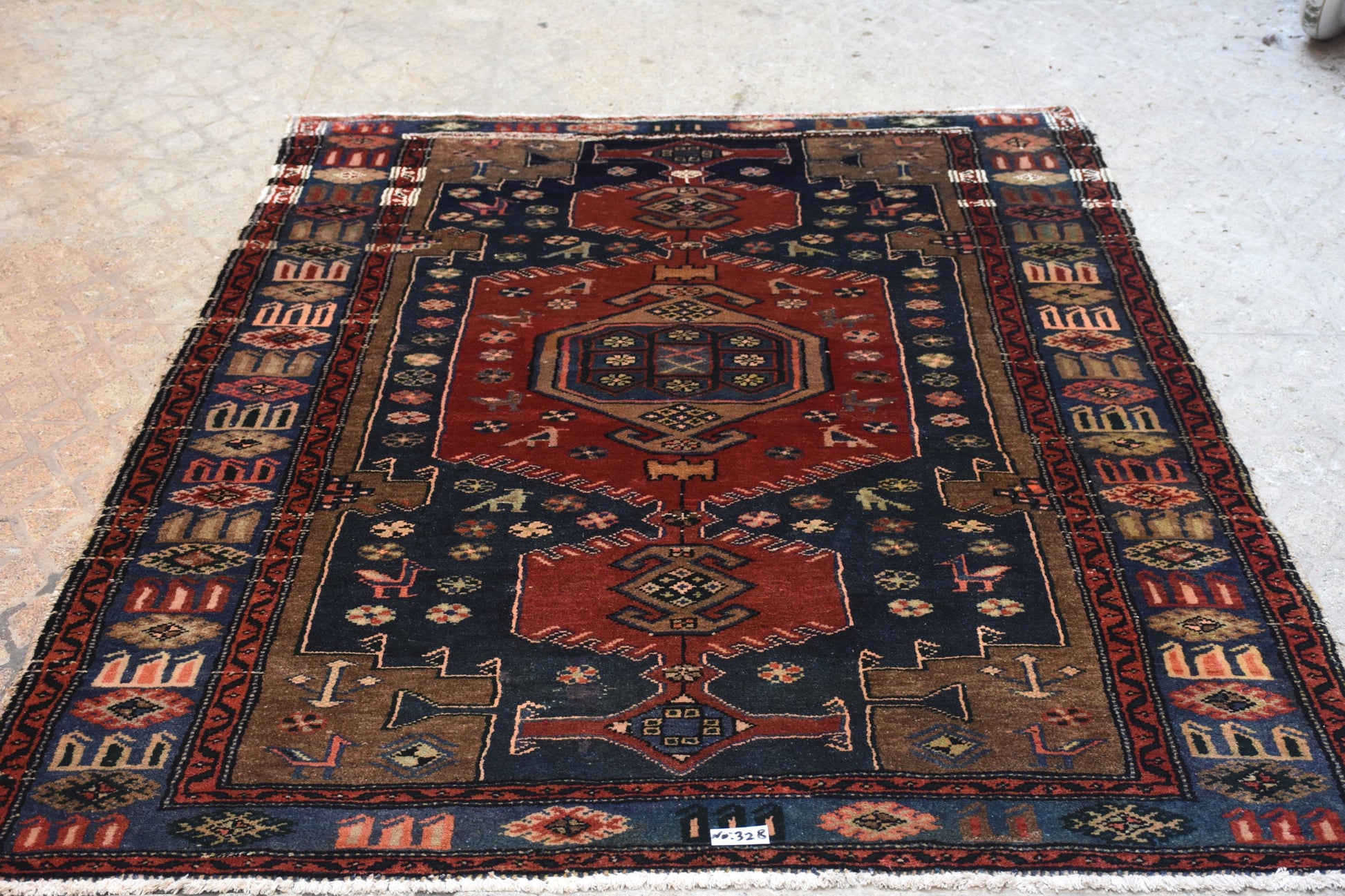 Blue Red 4x7  Vintage Rug | Tribal Oriental Persian Rug | Kazak Bohemian Rug | Handmade Rug