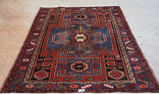 Red Blue 4x7  Vintage Rug | Tribal Oriental Persian Rug | Kazak Bohemian Rug | Handmade Rug