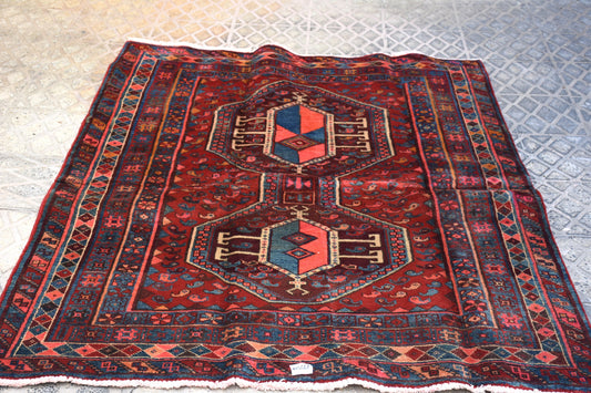Red Blue 5x6 Vintage Rug | Tribal Oriental Persian Rug | Kazak Bohemian Rug | Handmade Rug