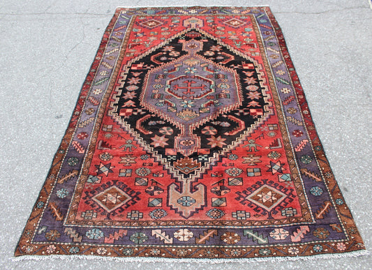 Red Blue 3x5 Vintage Handmade rug with Large Black Medallion