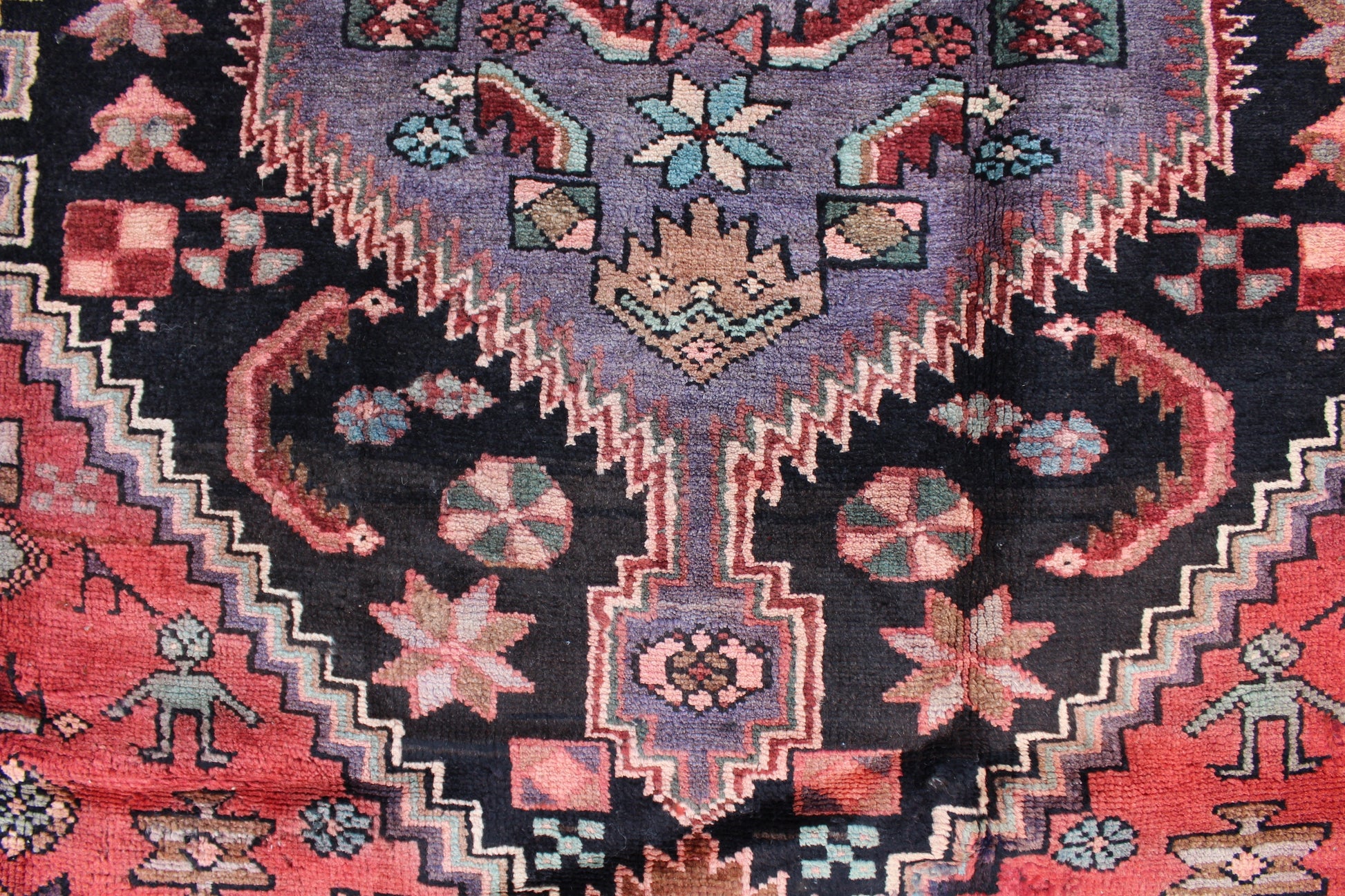 Red Blue 3x5 Vintage Handmade rug with Large Black Medallion